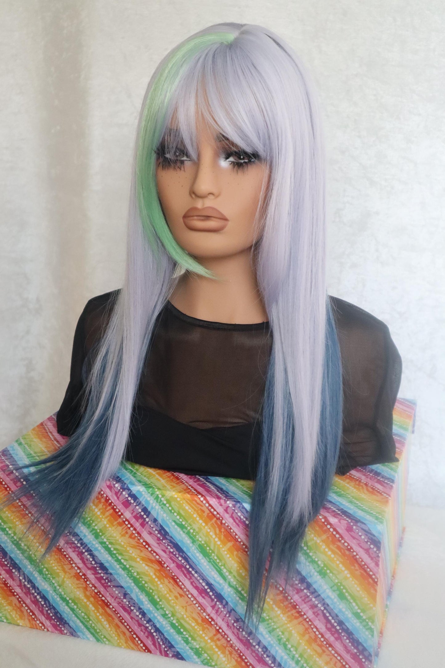 Gray to Blue Layered Straight Curtain 26 inch Wig with Green-Tinted Bangs – Standout Colorful Edgy