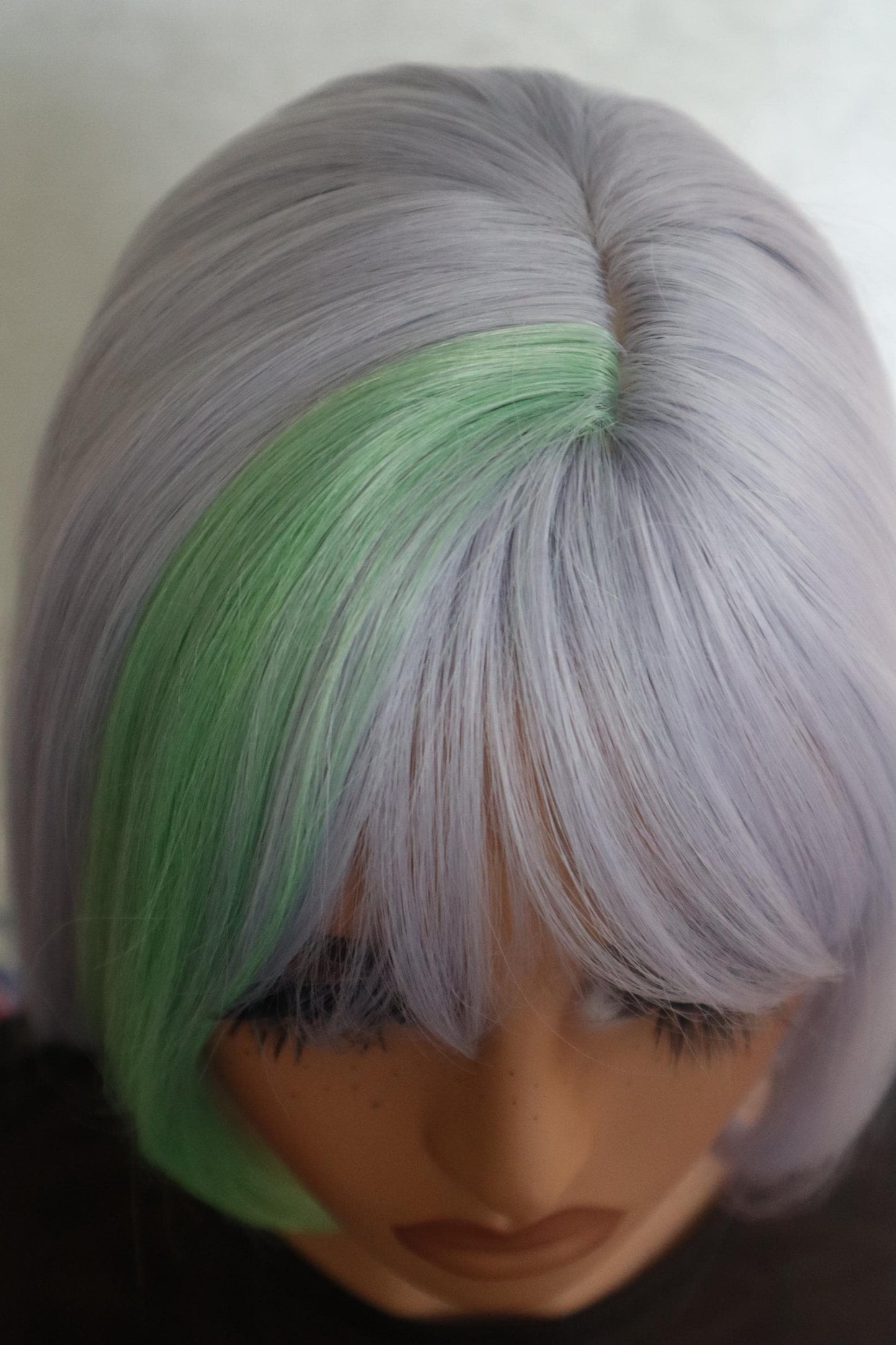 Gray to Blue Layered Straight Curtain 26 inch Wig with Green-Tinted Bangs – Standout Colorful Edgy