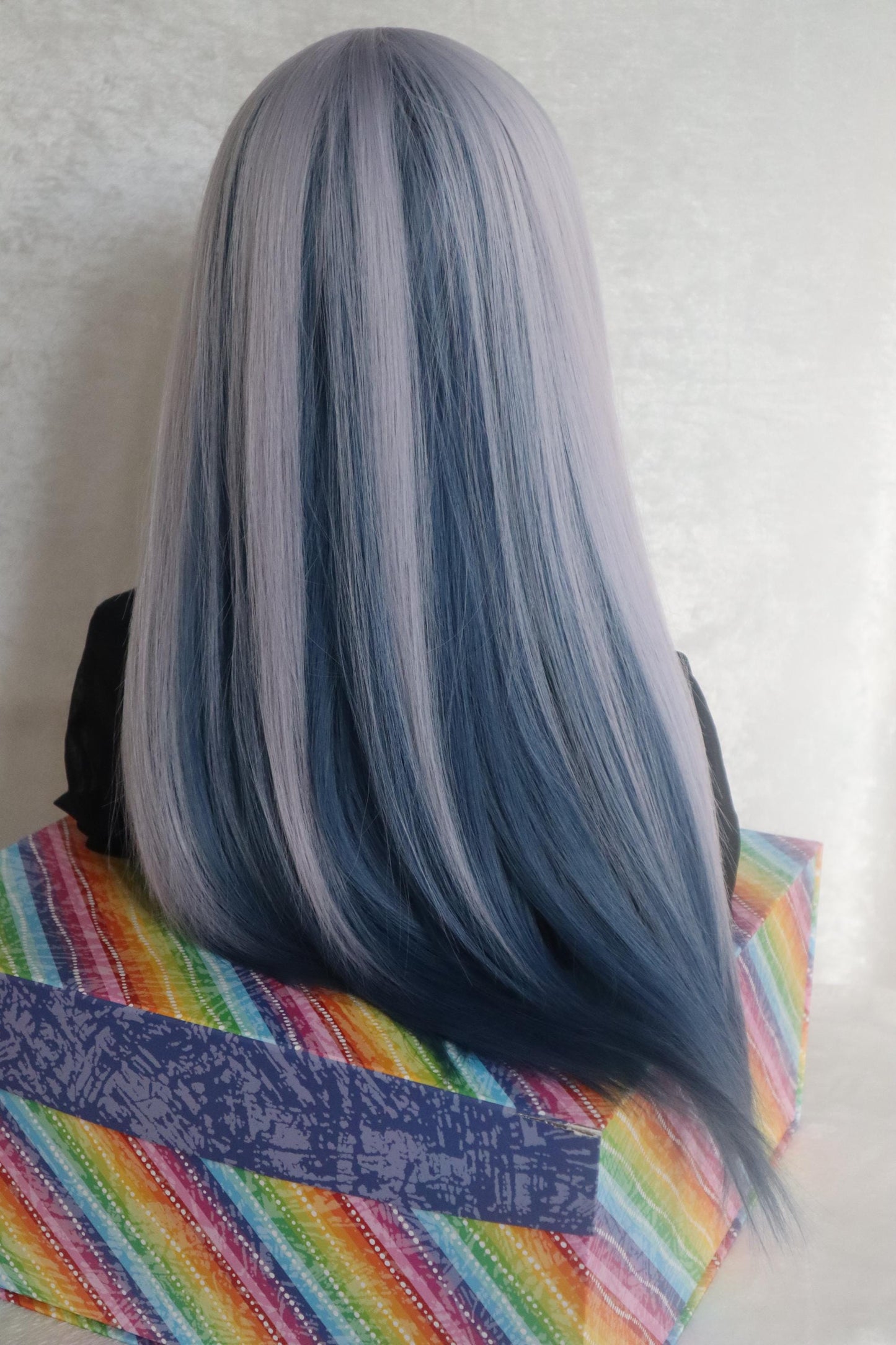 Gray to Blue Layered Straight Curtain 26 inch Wig with Green-Tinted Bangs – Standout Colorful Edgy