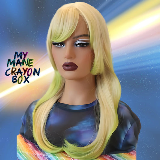 Ombre Straight Blonde Jellyfish Cut 21 inch Wig with Neon Lime Green Ends and Bangs