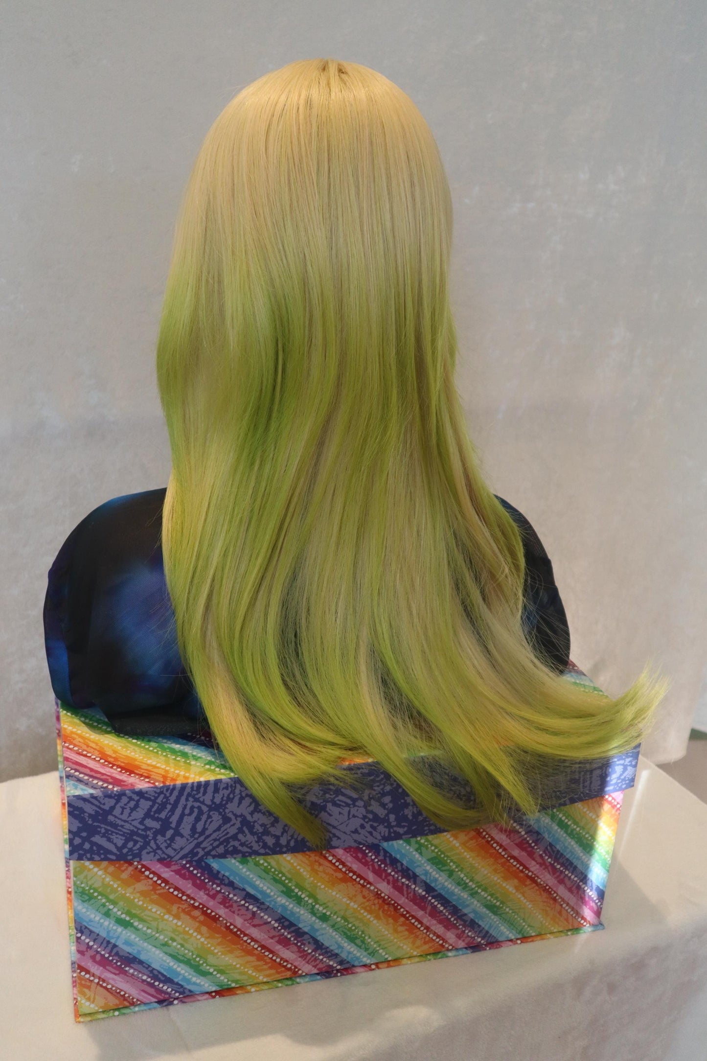 Ombre Straight Blonde Jellyfish Cut 21 inch Wig with Neon Lime Green Ends and Bangs