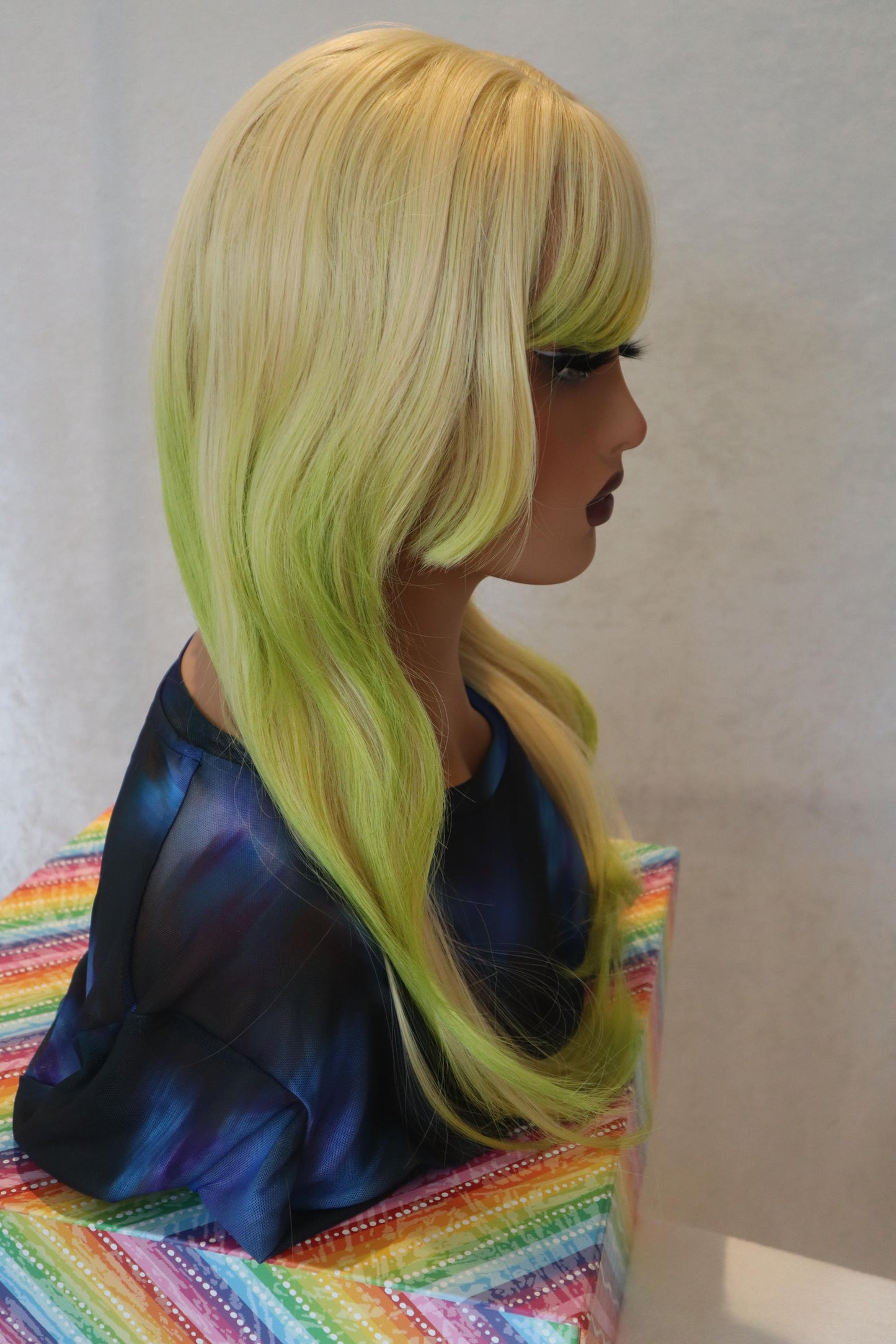 Ombre Straight Blonde Jellyfish Cut 21 inch Wig with Neon Lime Green Ends and Bangs