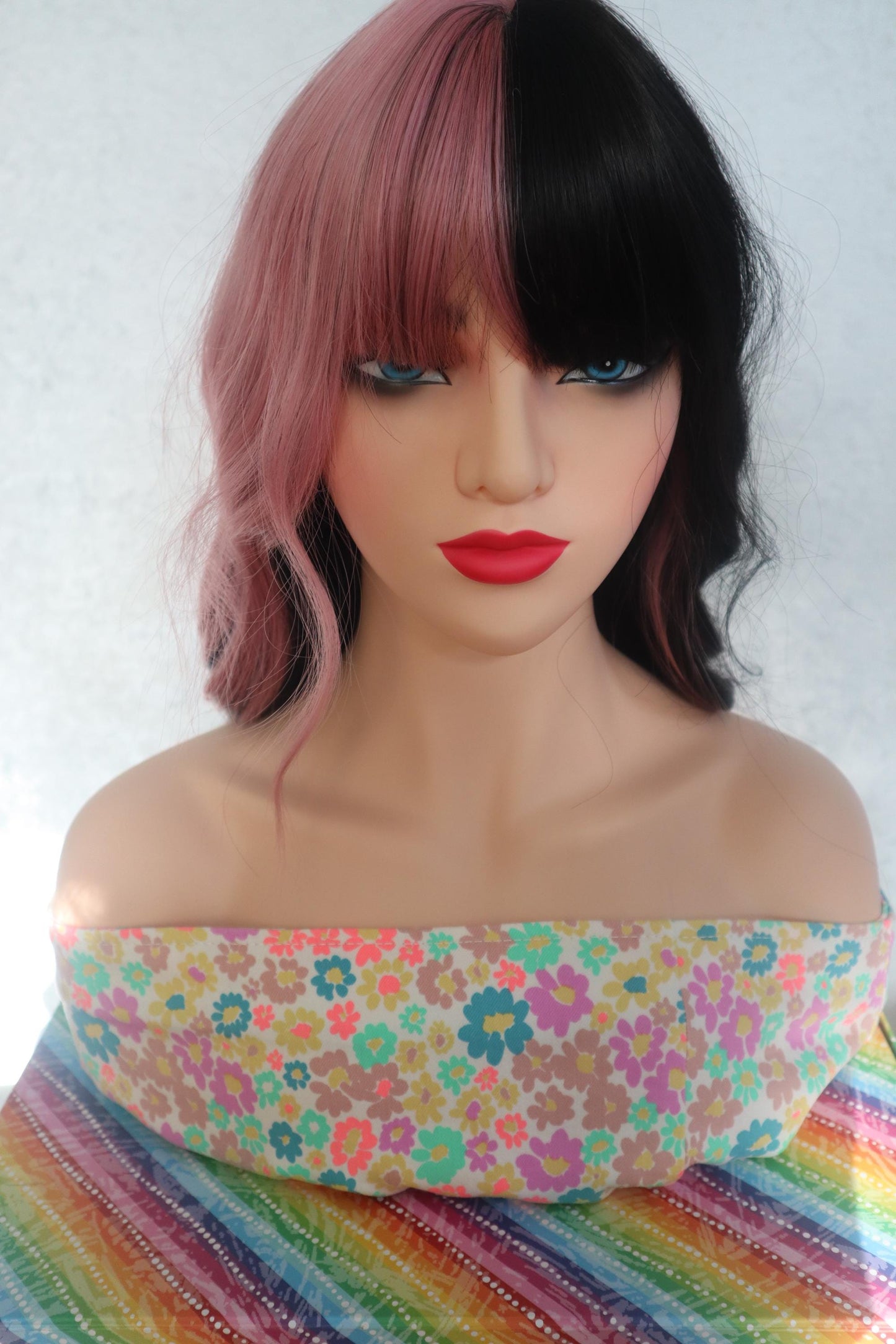 Two-Tone Pink Highlights with Dark Brown Synthetic Wig with Bangs