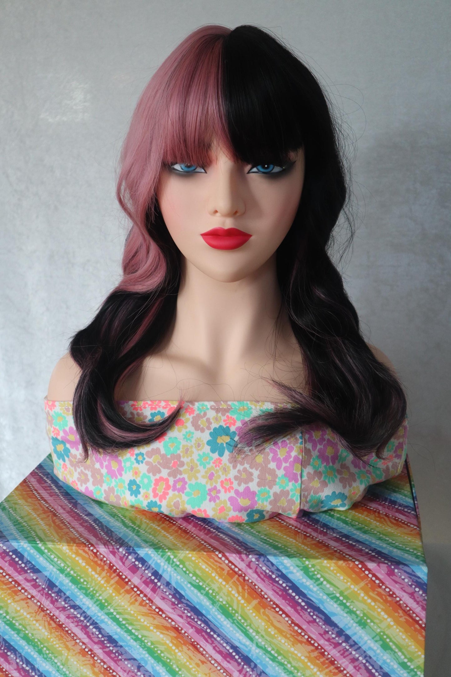 Two-Tone Pink Highlights with Dark Brown Synthetic Wig with Bangs