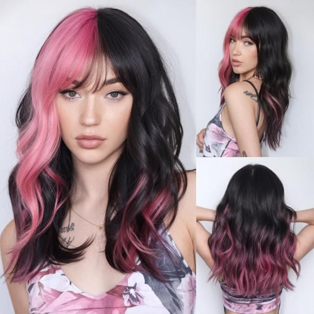 Two-Tone Pink Highlights with Dark Brown Synthetic Wig with Bangs