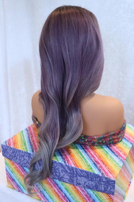 Purple ombre to Gray 26 inch Long Wavy Wig with Dark Roots - Side Part, Stunning and Sophisticated