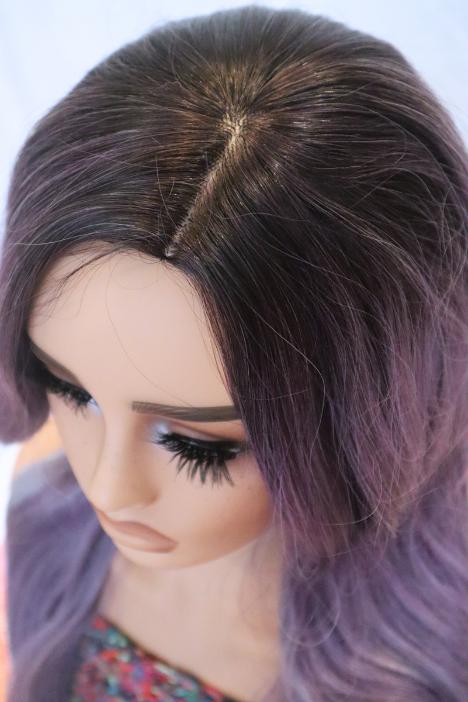 Purple ombre to Gray 26 inch Long Wavy Wig with Dark Roots - Side Part, Stunning and Sophisticated