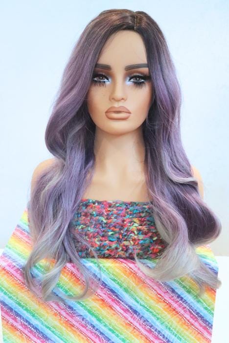 Purple ombre to Gray 26 inch Long Wavy Wig with Dark Roots - Side Part, Stunning and Sophisticated