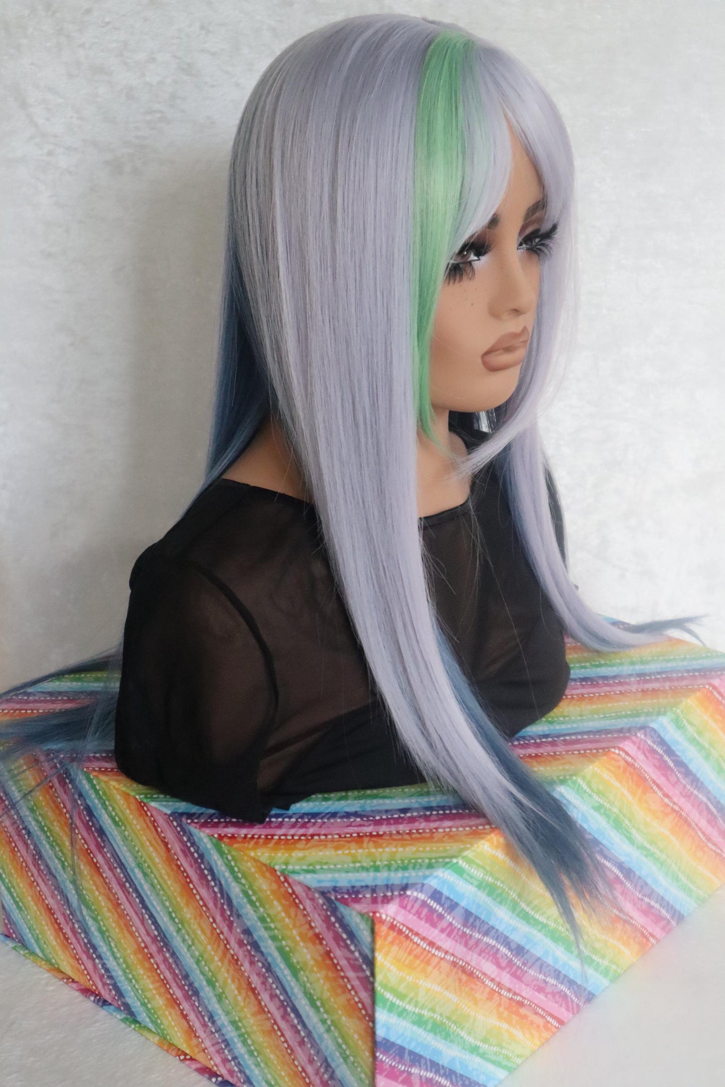 Gray to Blue Layered Straight Curtain 26 inch Wig with Green-Tinted Bangs – Standout Colorful Edgy