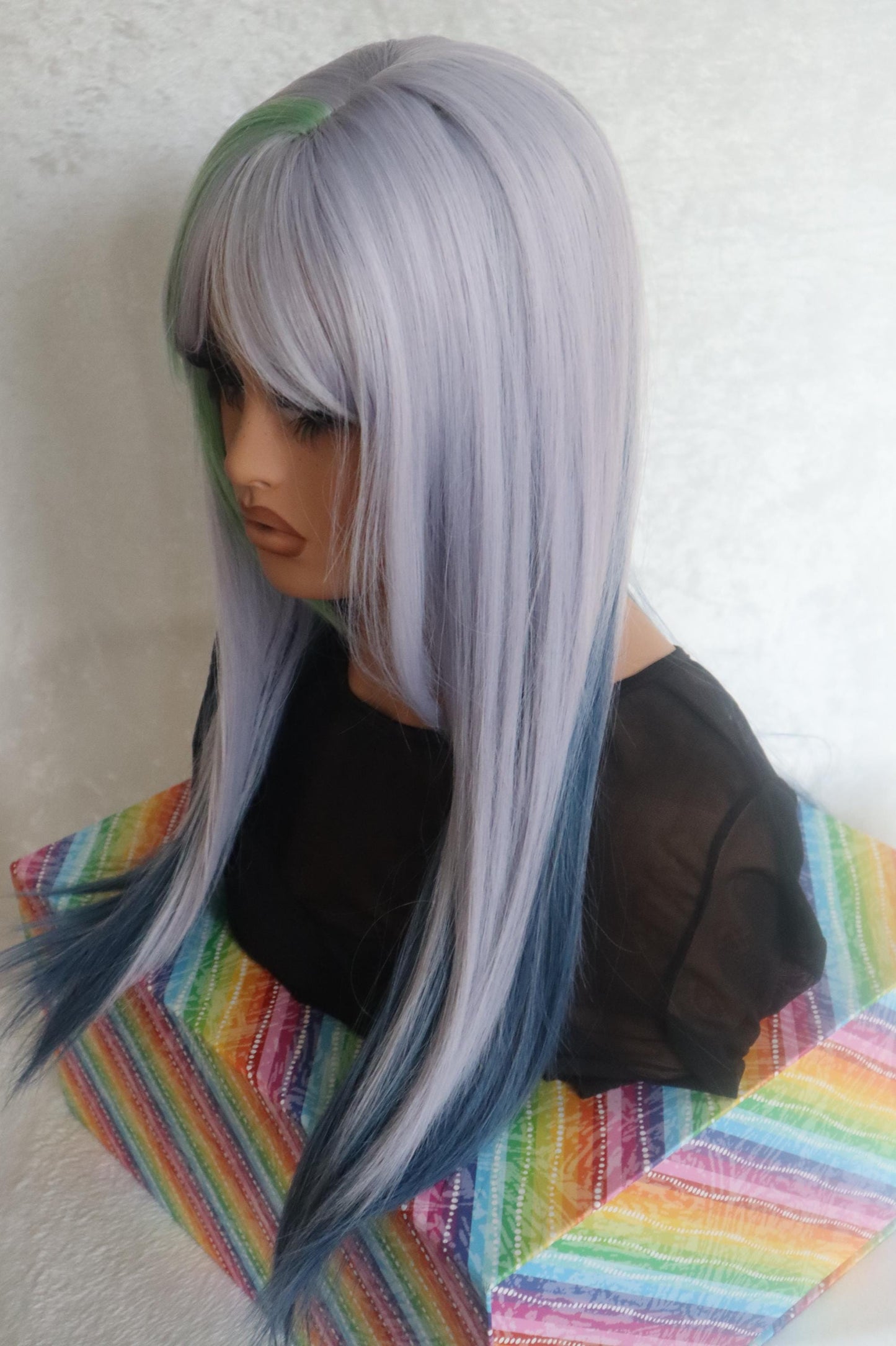 Gray to Blue Layered Straight Curtain 26 inch Wig with Green-Tinted Bangs – Standout Colorful Edgy