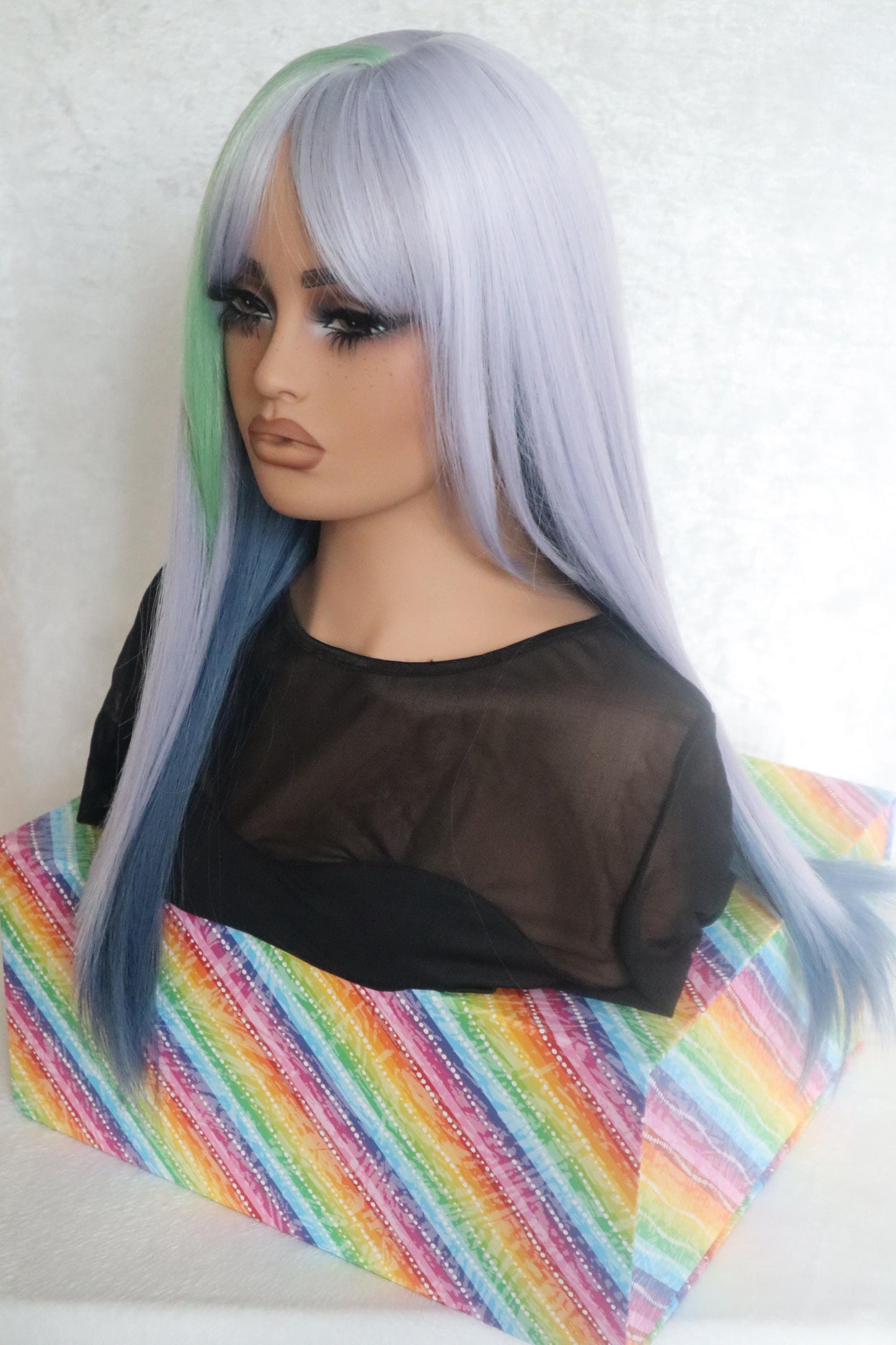 Gray to Blue Layered Straight Curtain 26 inch Wig with Green-Tinted Bangs – Standout Colorful Edgy