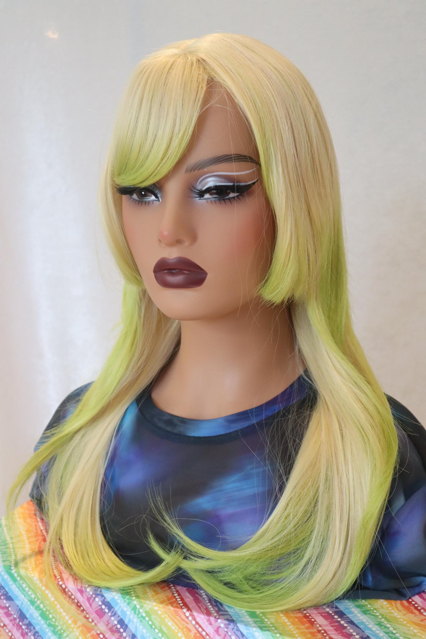 Ombre Straight Blonde Jellyfish Cut 21 inch Wig with Neon Lime Green Ends and Bangs