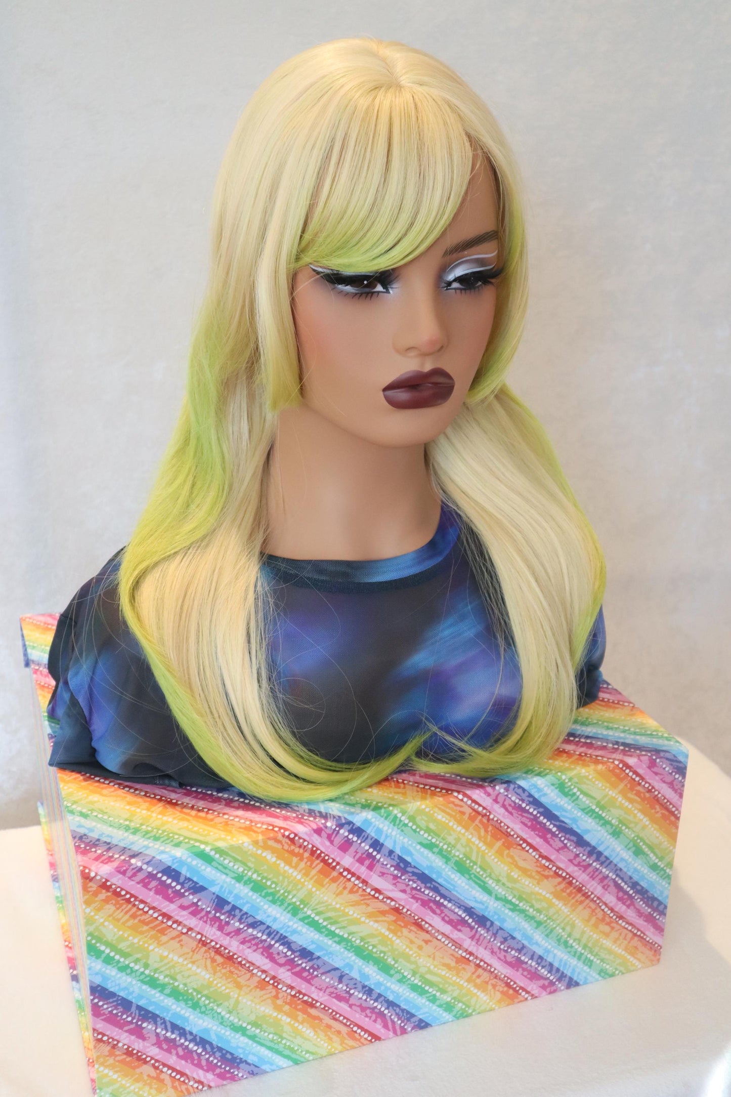 Ombre Straight Blonde Jellyfish Cut 21 inch Wig with Neon Lime Green Ends and Bangs