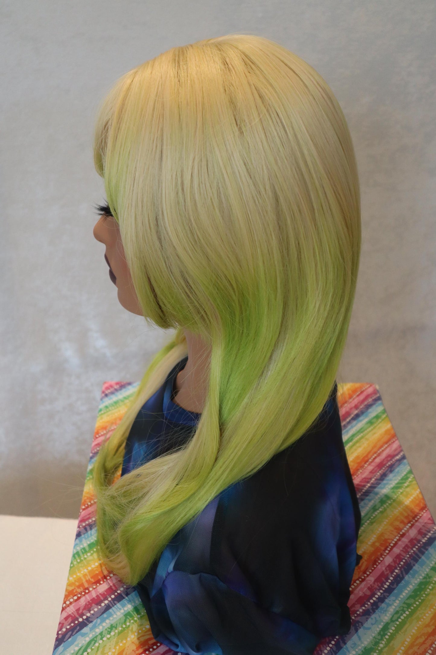 Ombre Straight Blonde Jellyfish Cut 21 inch Wig with Neon Lime Green Ends and Bangs