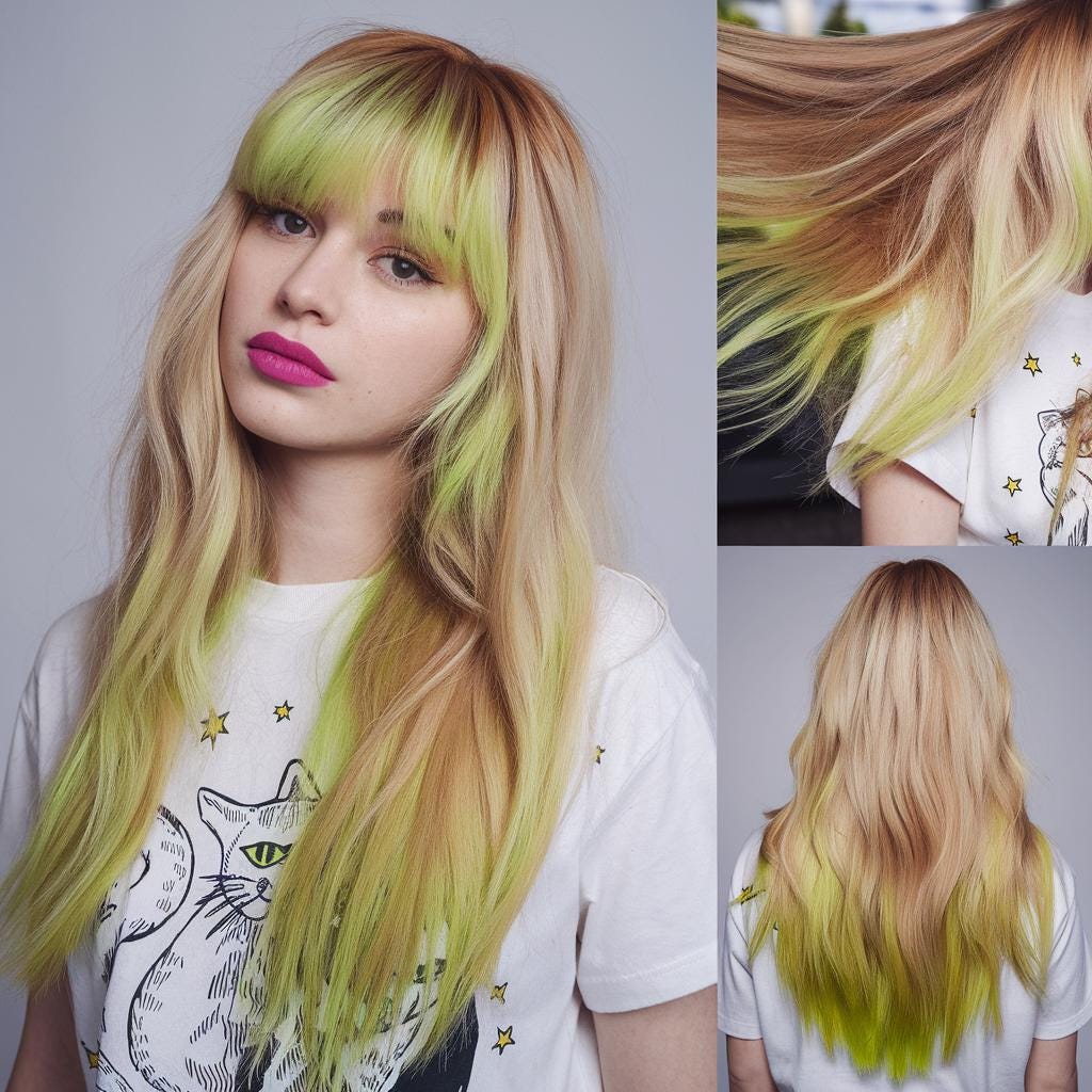 Ombre Straight Blonde Jellyfish Cut 21 inch Wig with Neon Lime Green Ends and Bangs