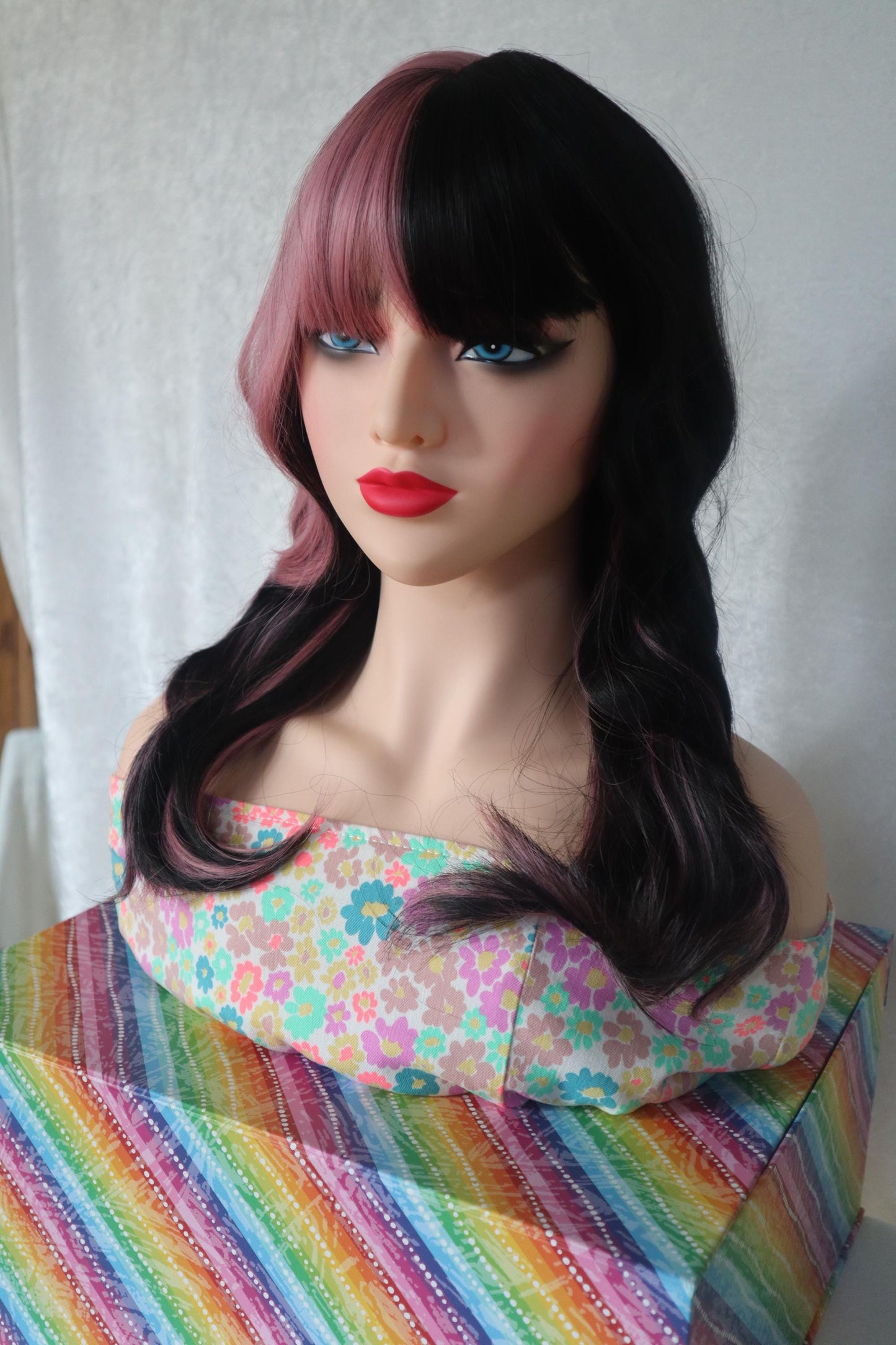 Two-Tone Pink Highlights with Dark Brown Synthetic Wig with Bangs