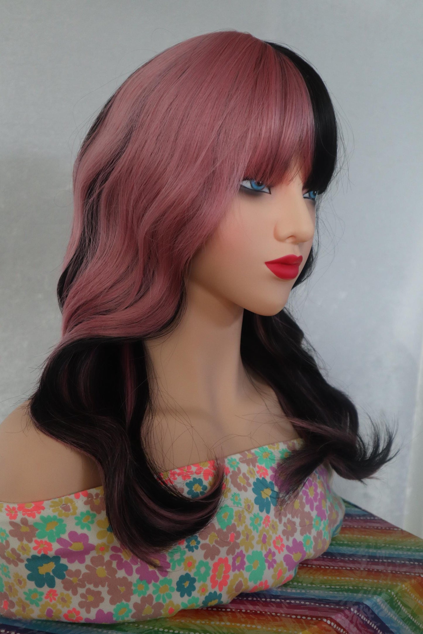 Two-Tone Pink Highlights with Dark Brown Synthetic Wig with Bangs