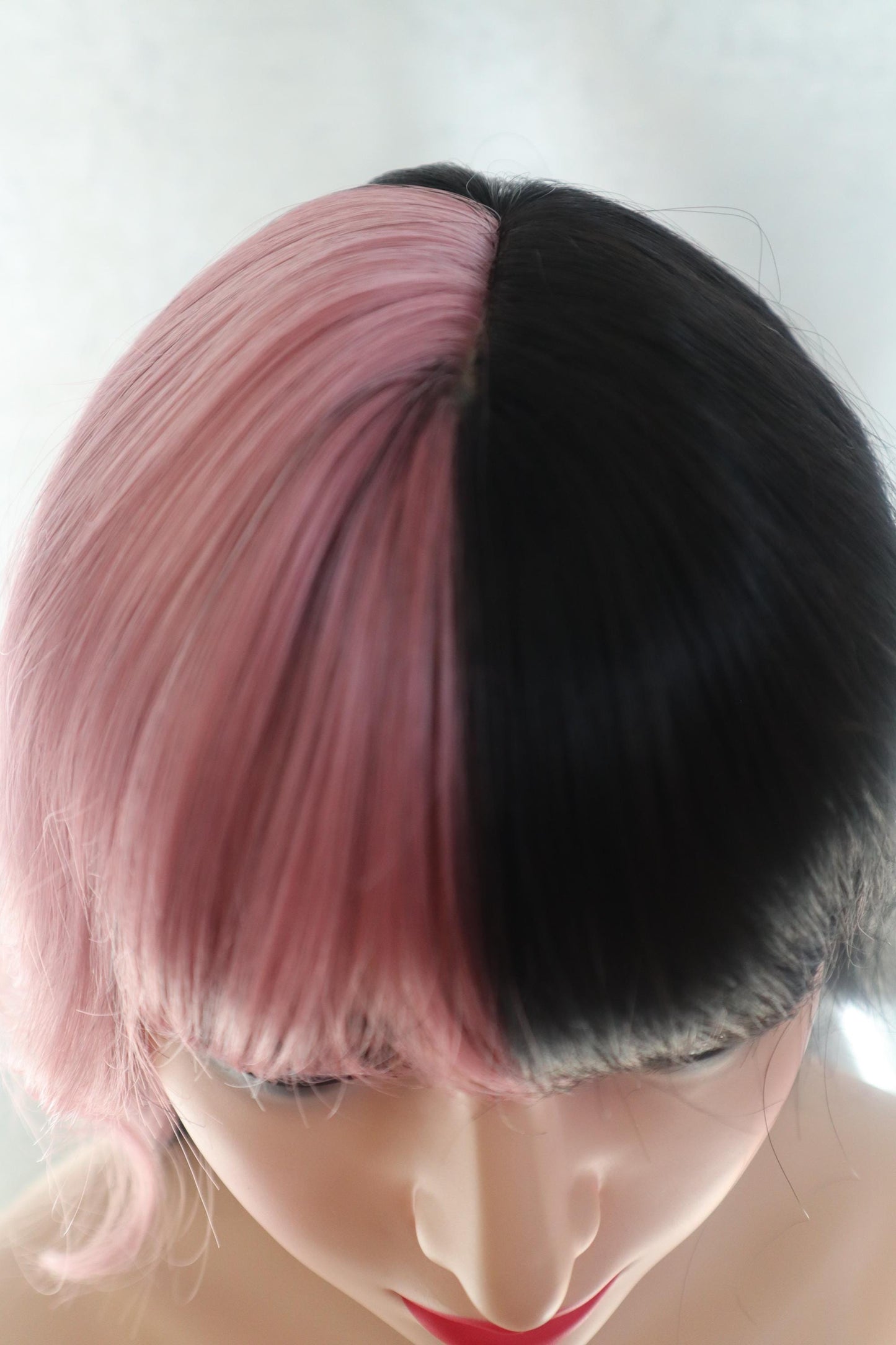 Two-Tone Pink Highlights with Dark Brown Synthetic Wig with Bangs