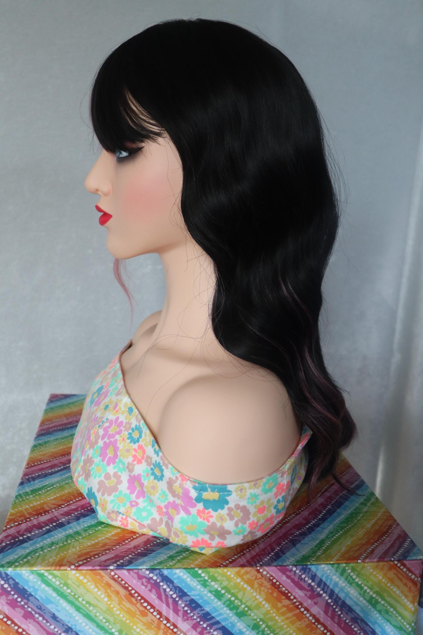 Two-Tone Pink Highlights with Dark Brown Synthetic Wig with Bangs