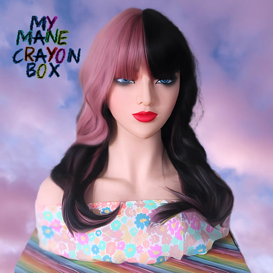 Two-Tone Pink Highlights with Dark Brown Synthetic Wig with Bangs