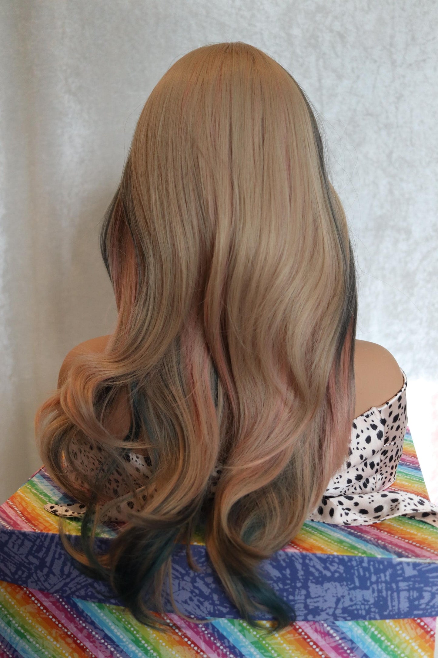 Trendy Blonde Light Rosy Pink, Gray Blue & Yellow Highlights | 24-Inch Middle Part Wavy Wig | Heat-Resistant Synthetic Wig