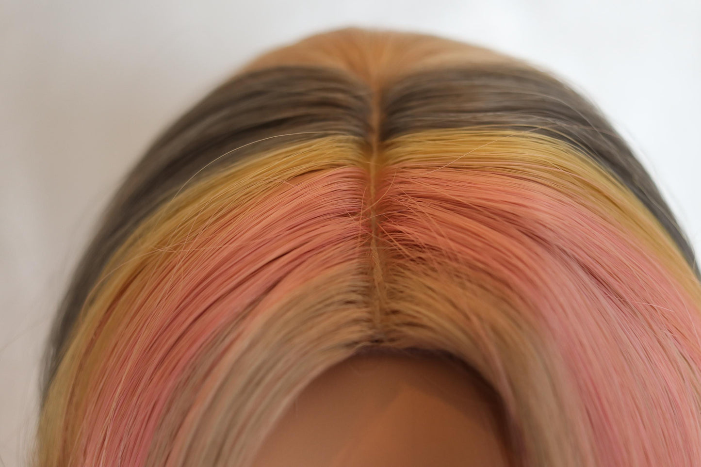 Trendy Blonde Light Rosy Pink, Gray Blue & Yellow Highlights | 24-Inch Middle Part Wavy Wig | Heat-Resistant Synthetic Wig