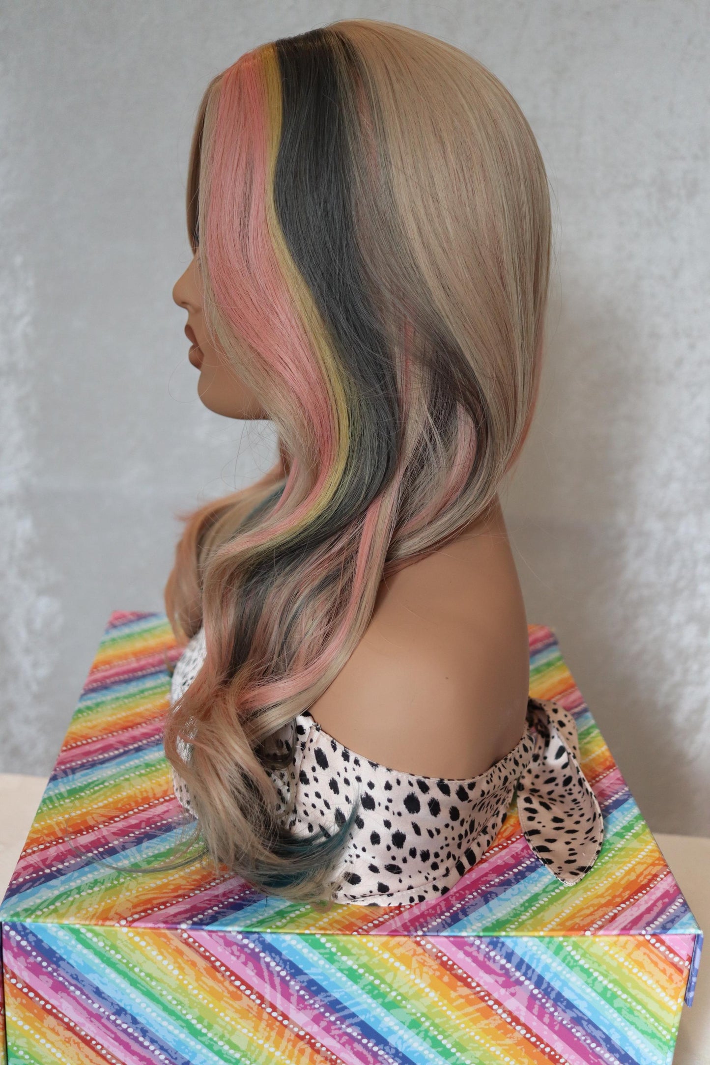 Trendy Blonde Light Rosy Pink, Gray Blue & Yellow Highlights | 24-Inch Middle Part Wavy Wig | Heat-Resistant Synthetic Wig
