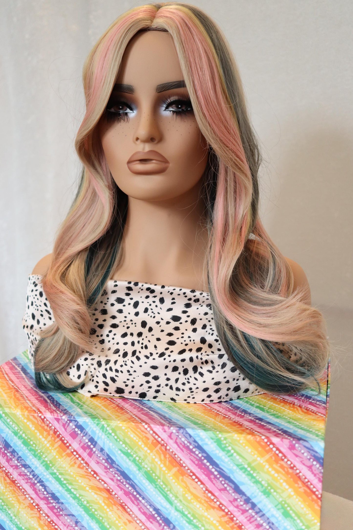 Trendy Blonde Light Rosy Pink, Gray Blue & Yellow Highlights | 24-Inch Middle Part Wavy Wig | Heat-Resistant Synthetic Wig