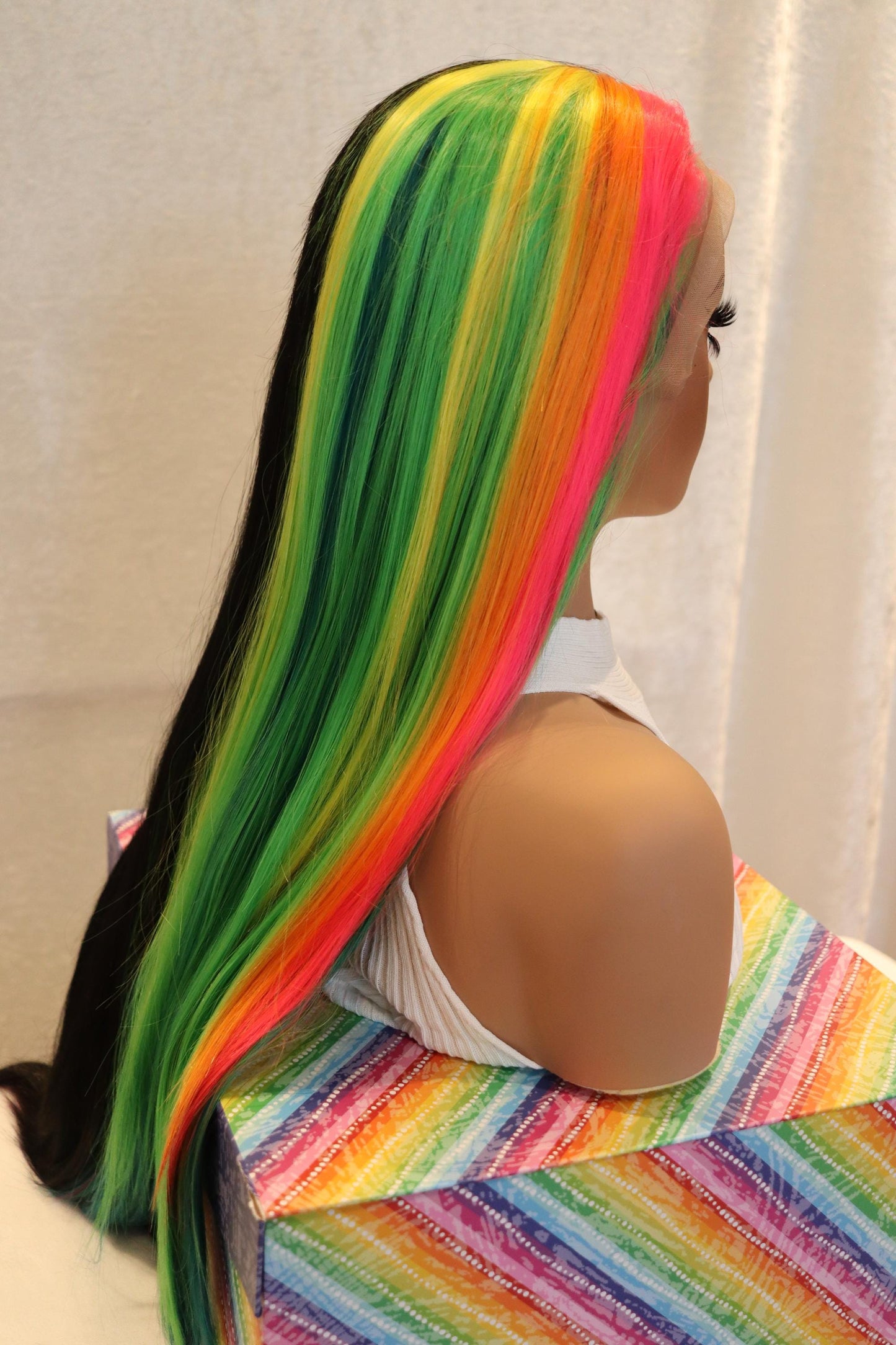 28" Front Lace Rainbow and Jet Black Split Wig – Straight, Layered, Middle Part Synthetic Wig