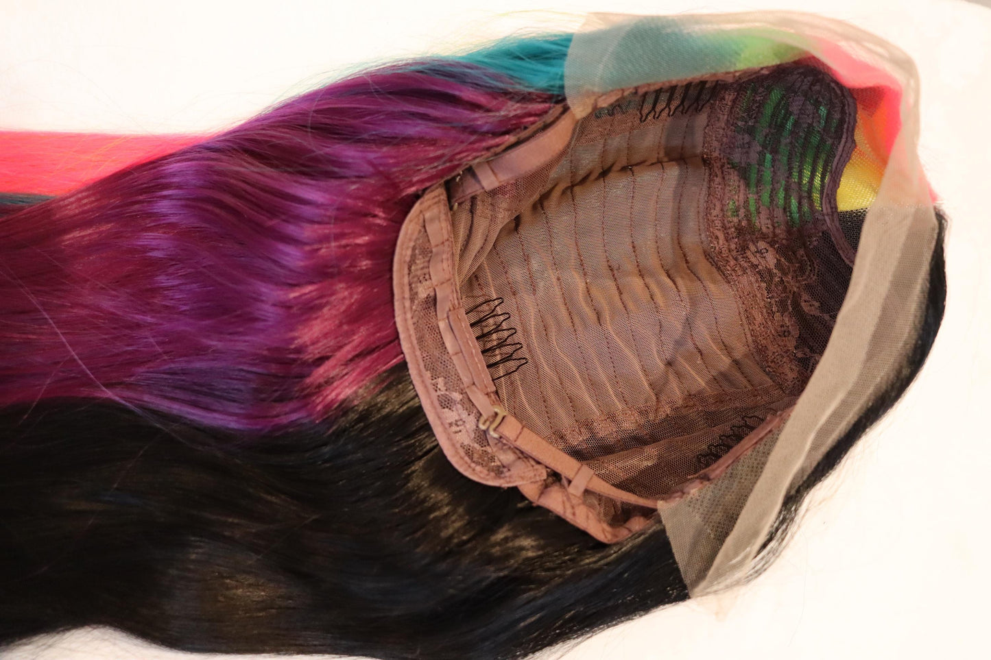 28" Front Lace Rainbow and Jet Black Split Wig – Straight, Layered, Middle Part Synthetic Wig