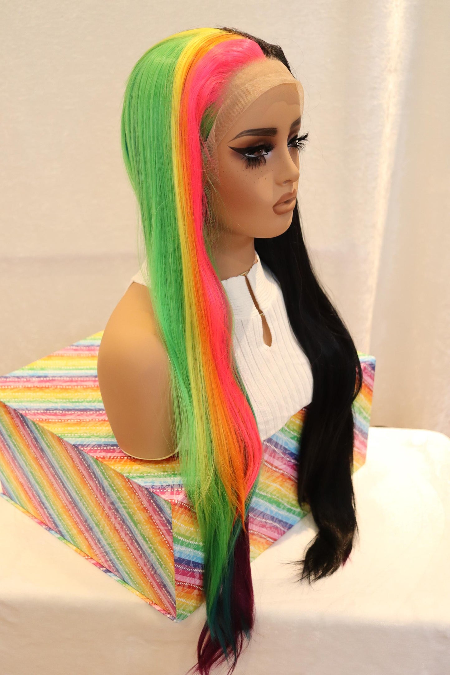 28" Front Lace Rainbow and Jet Black Split Wig – Straight, Layered, Middle Part Synthetic Wig