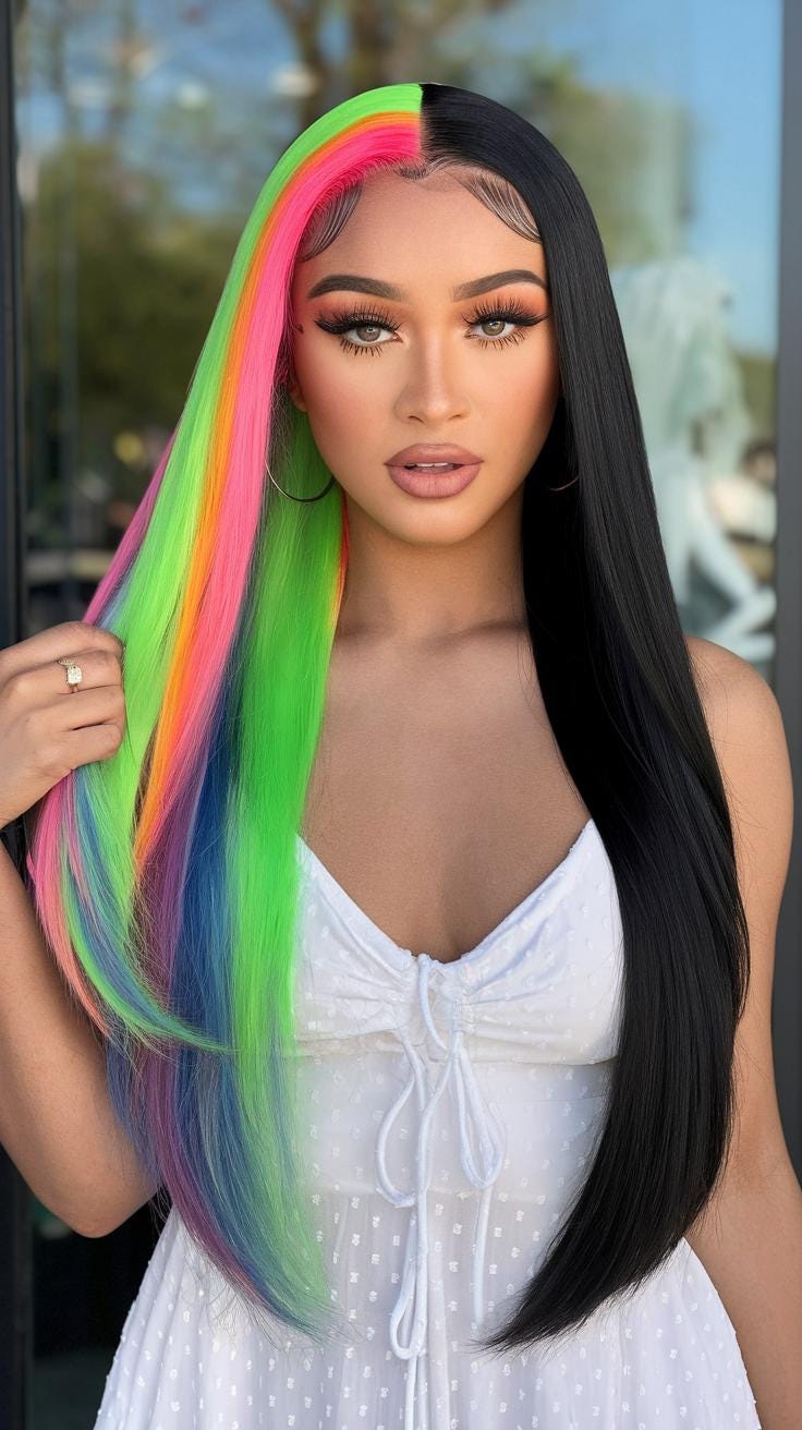 28" Front Lace Rainbow and Jet Black Split Wig – Straight, Layered, Middle Part Synthetic Wig