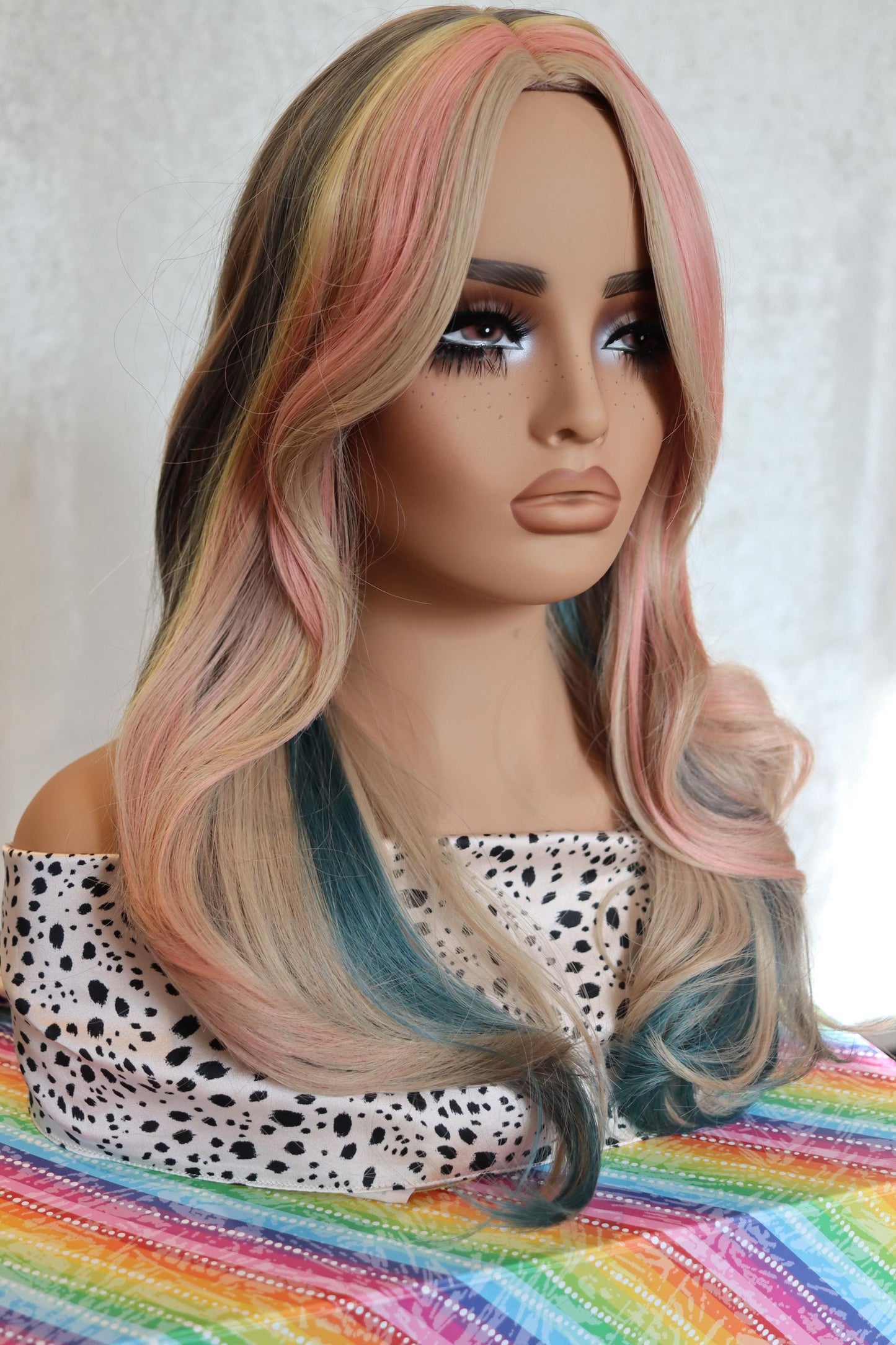 Trendy Blonde Light Rosy Pink, Gray Blue & Yellow Highlights | 24-Inch Middle Part Wavy Wig | Heat-Resistant Synthetic Wig