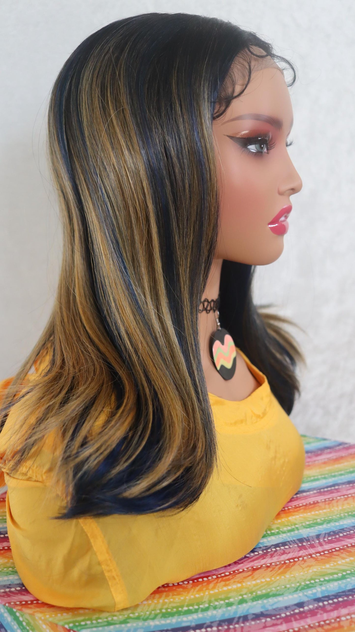 Navy Blue Lace Front Wig with Yellow Highlights - 18" Glueless Natural Skin Part for Bold & Fun Looks