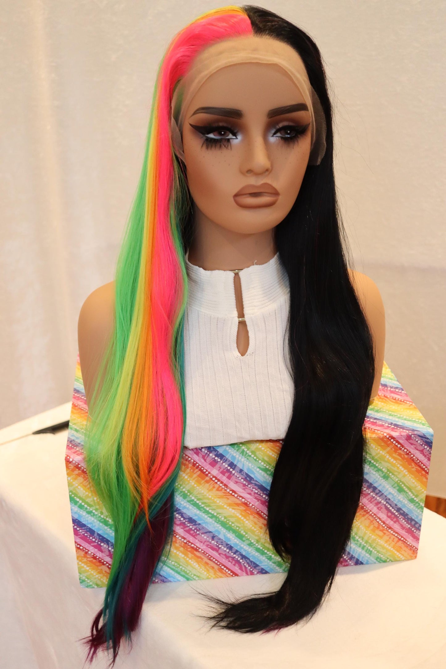 28" Front Lace Rainbow and Jet Black Split Wig – Straight, Layered, Middle Part Synthetic Wig