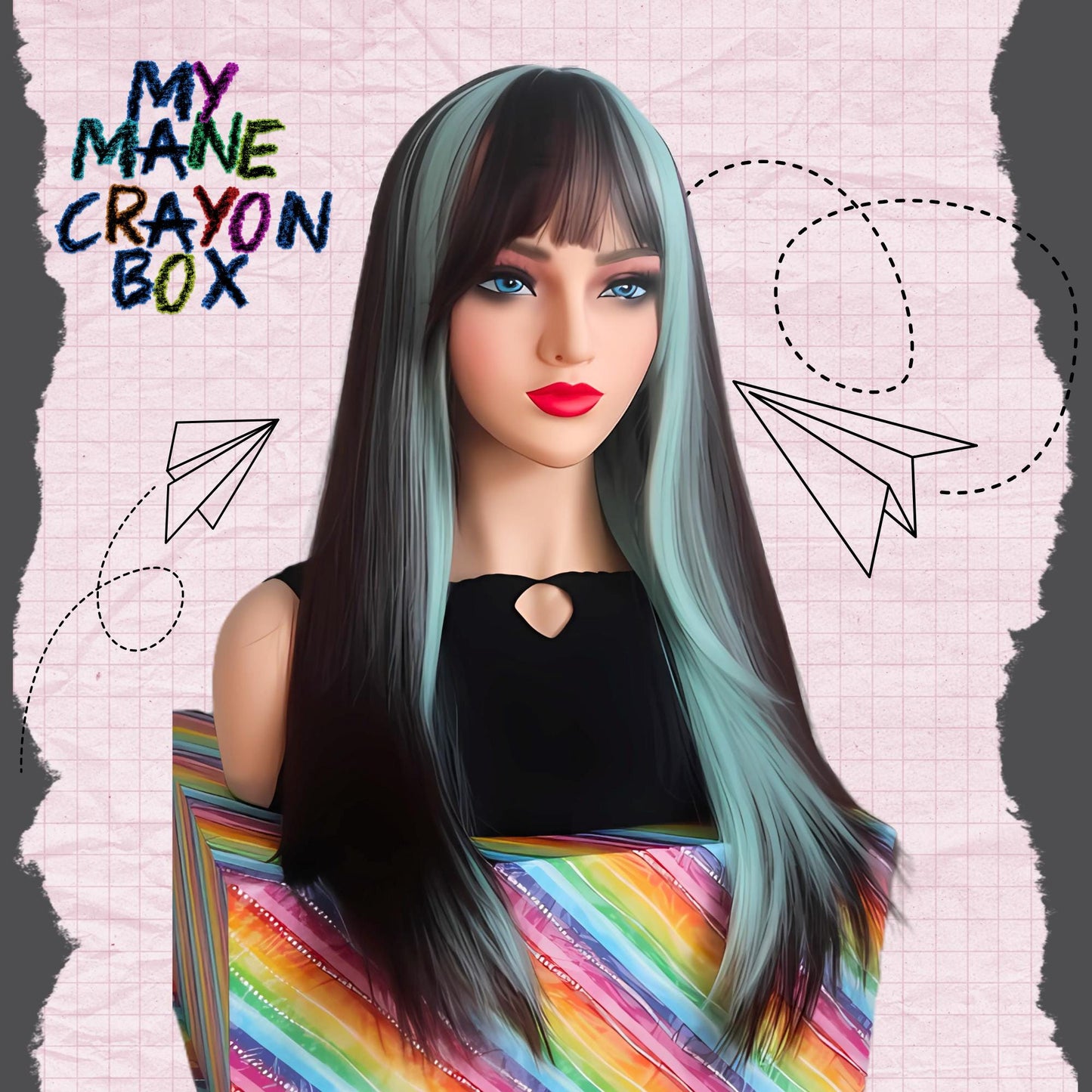 Chocolate Mint Bliss Wig – 26" Straight Brown & Mint Green Stunner with Unique Bangs