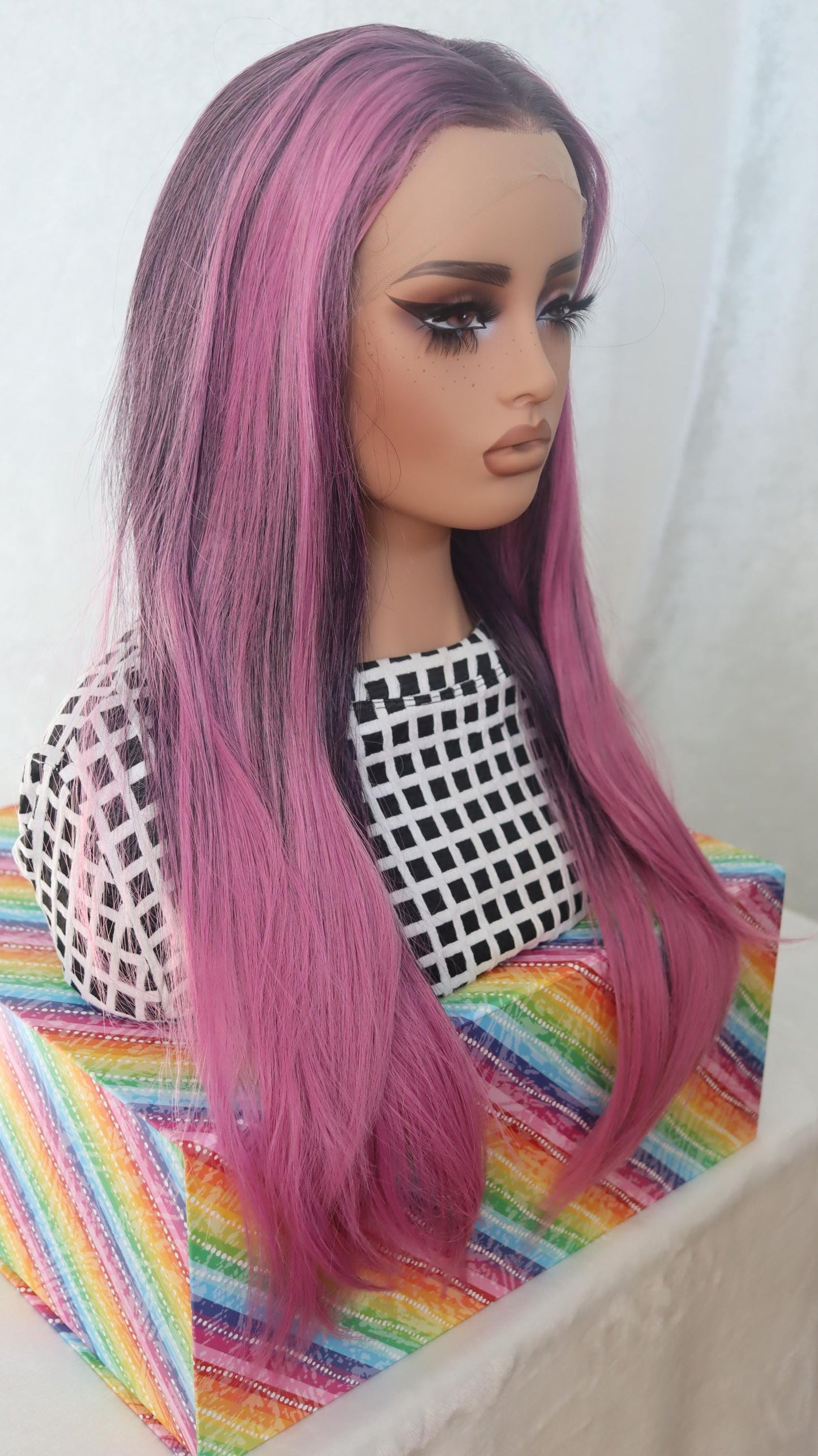 Vibrant Fuchsia Pink Straight Lace Front Wig – 22" Glueless  High Quality Synthetic Wig with Dark Undertones & Face-Framing Highlights