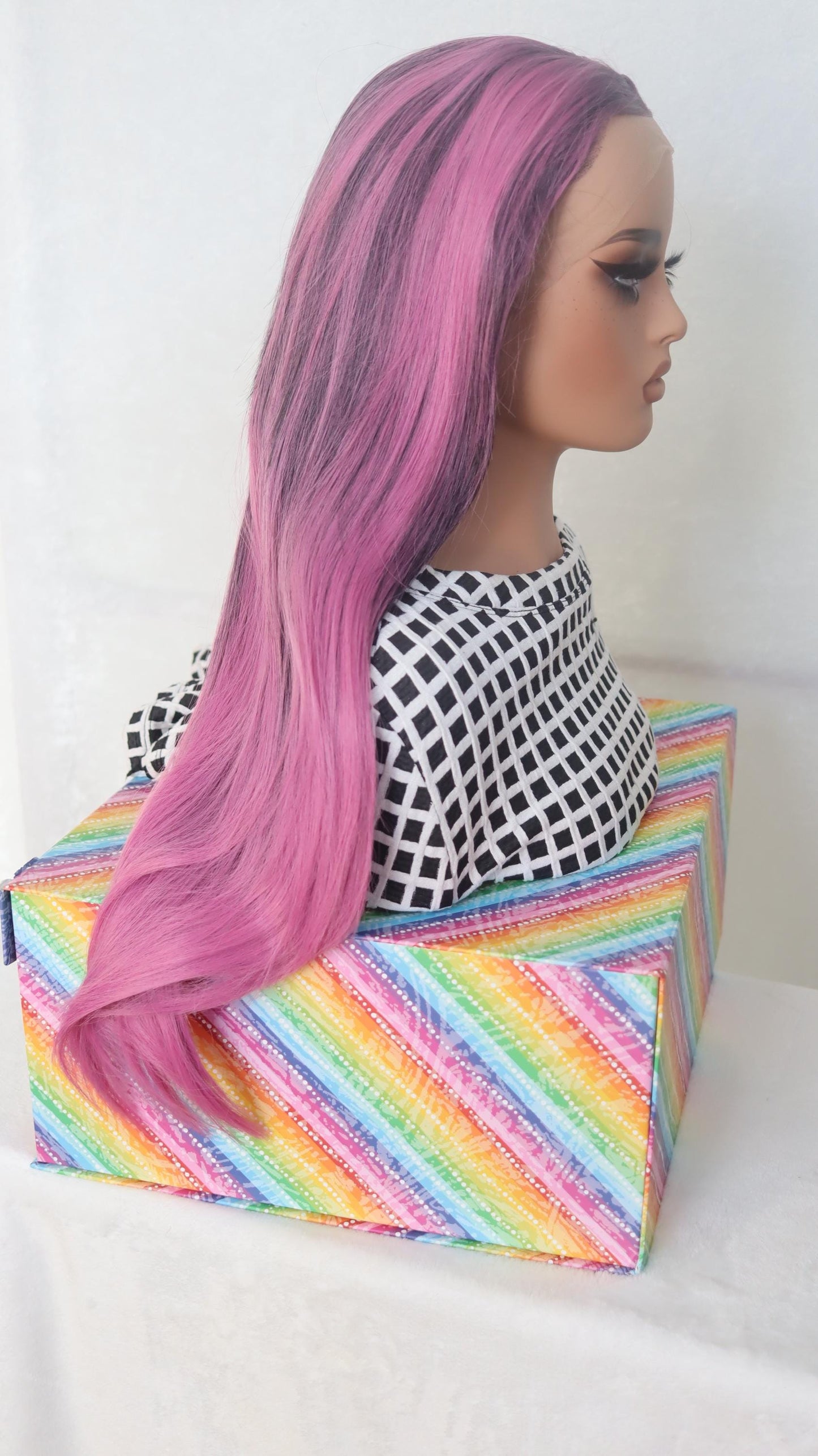 Vibrant Fuchsia Pink Straight Lace Front Wig – 22" Glueless  High Quality Synthetic Wig with Dark Undertones & Face-Framing Highlights