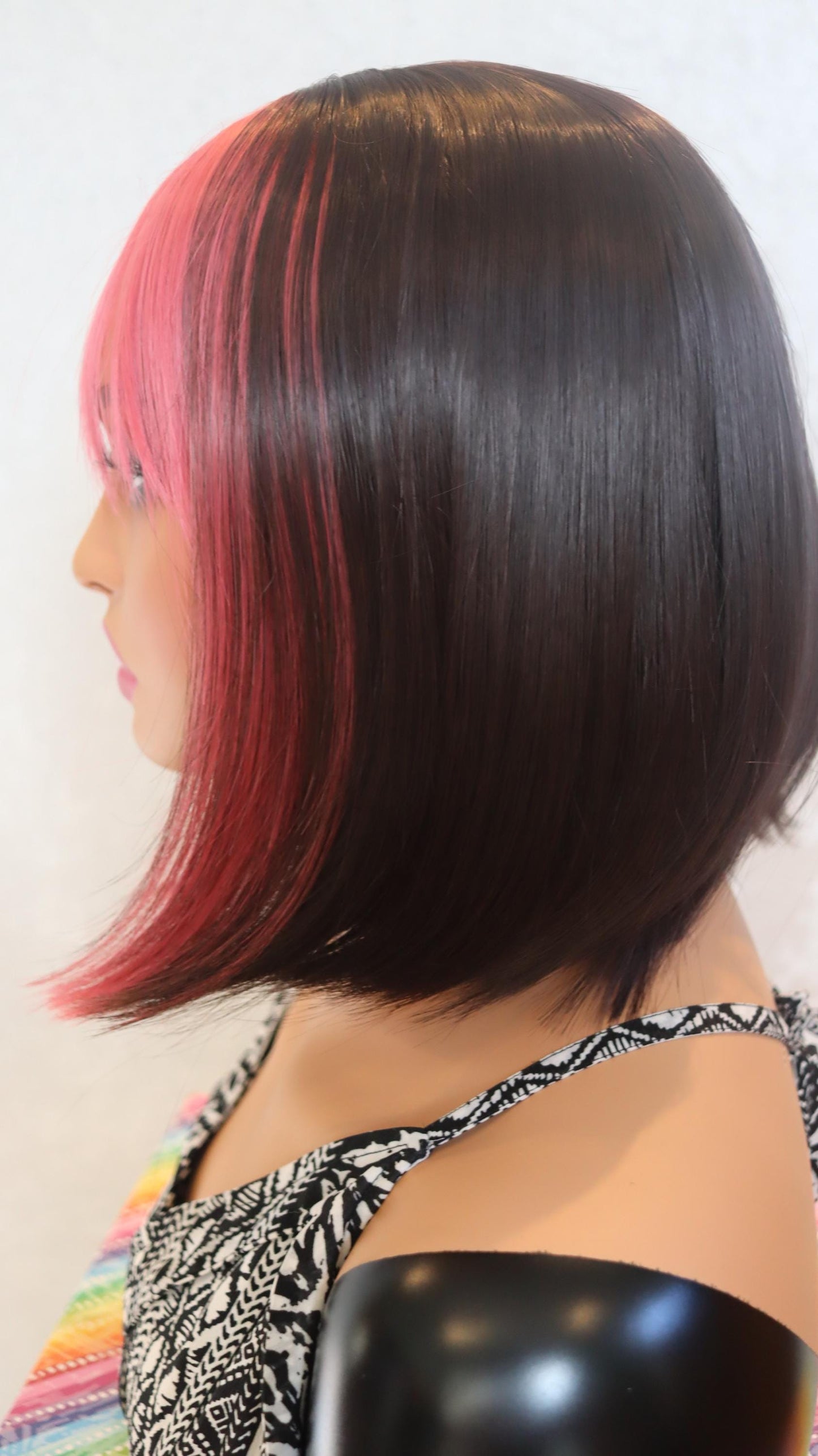 Pink Fringe Lightweight Bob Wig – 12-Inch Straight Brown Wig with Dark Pink Fringe & Face-Framing Highlights | Everyday Glueless Wig"