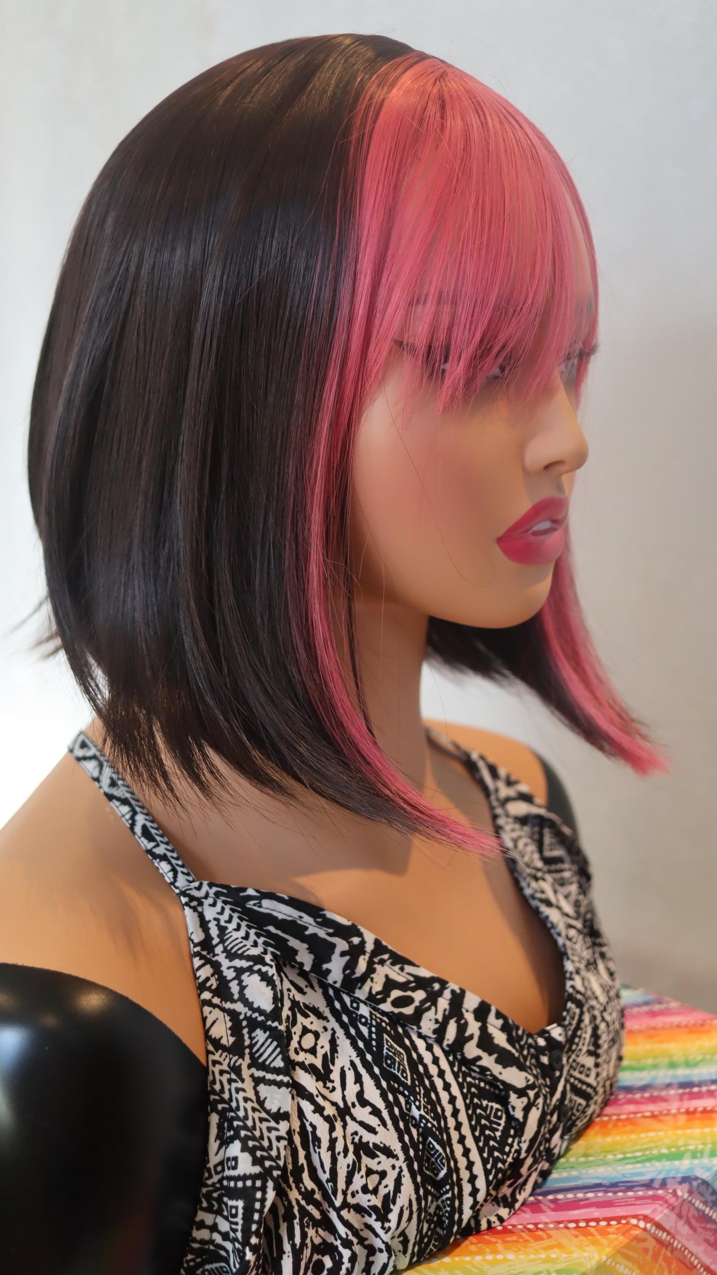 Pink Fringe Lightweight Bob Wig – 12-Inch Straight Brown Wig with Dark Pink Fringe & Face-Framing Highlights | Everyday Glueless Wig"