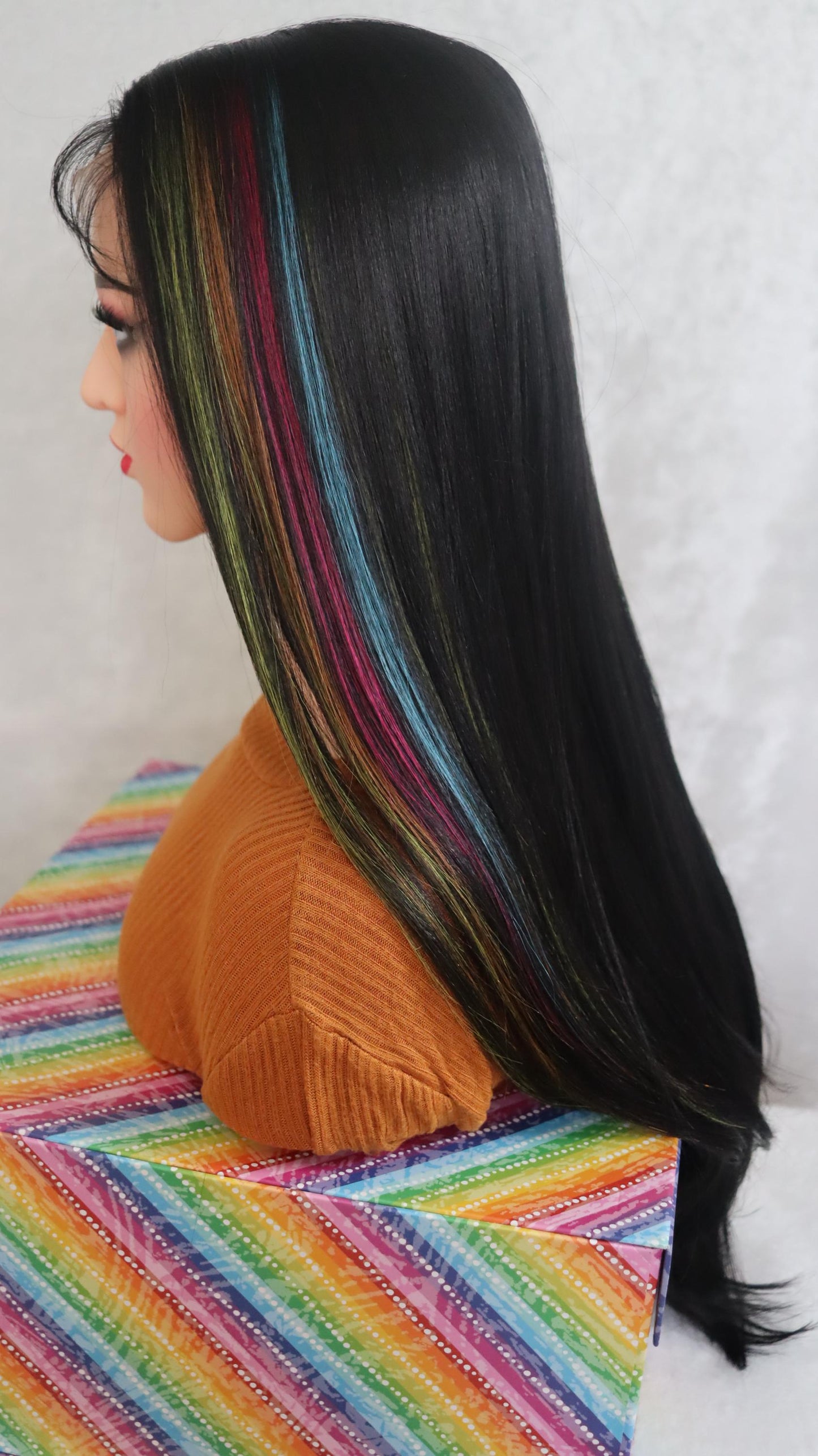 Rainbow Highway T-Part Lace Wig – 20 inches Black Wig with Vibrant Front Highlights | Glueless, Lightweight & Easy to Style