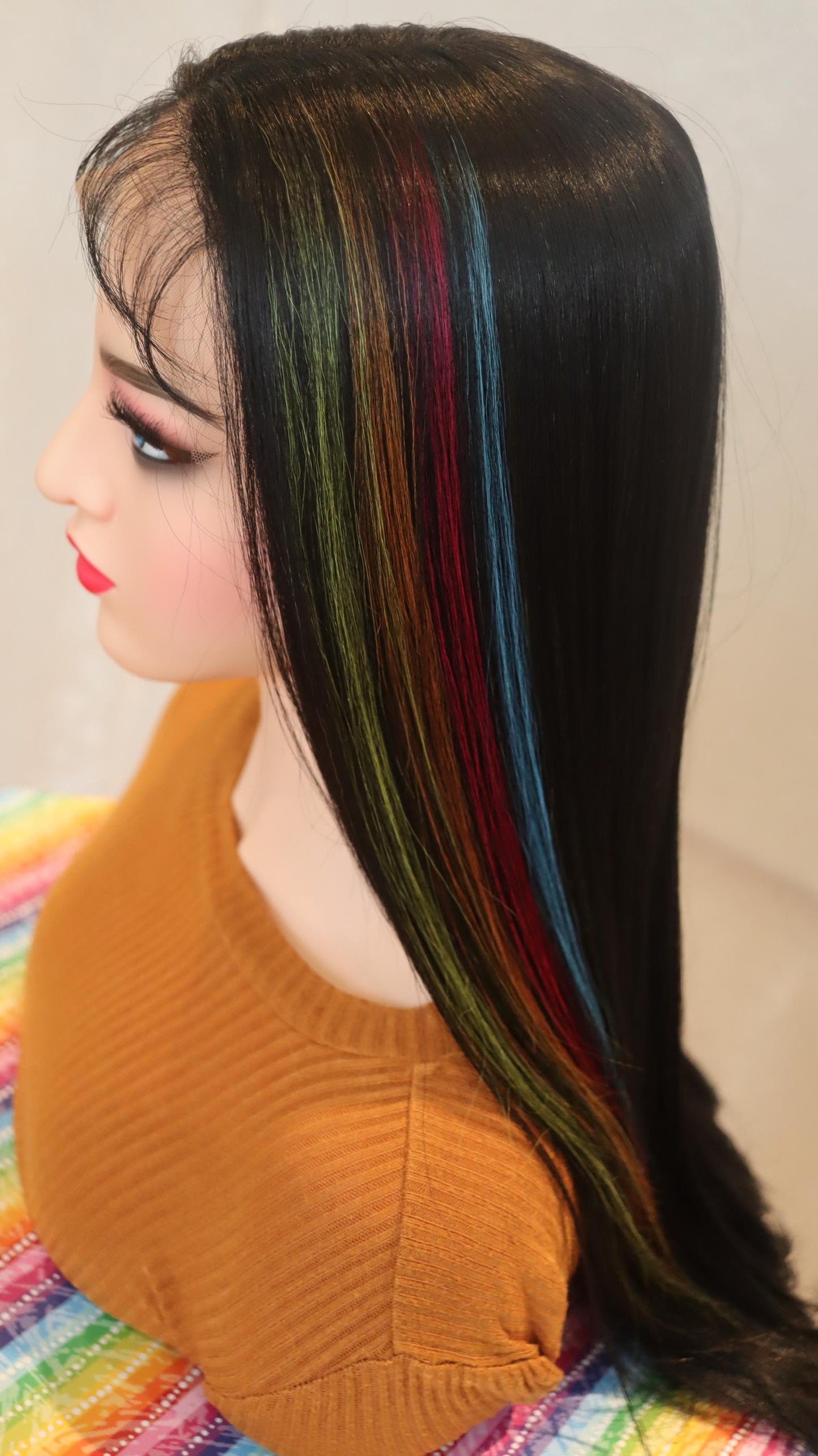 Rainbow Highway T-Part Lace Wig – 20 inches Black Wig with Vibrant Front Highlights | Glueless, Lightweight & Easy to Style