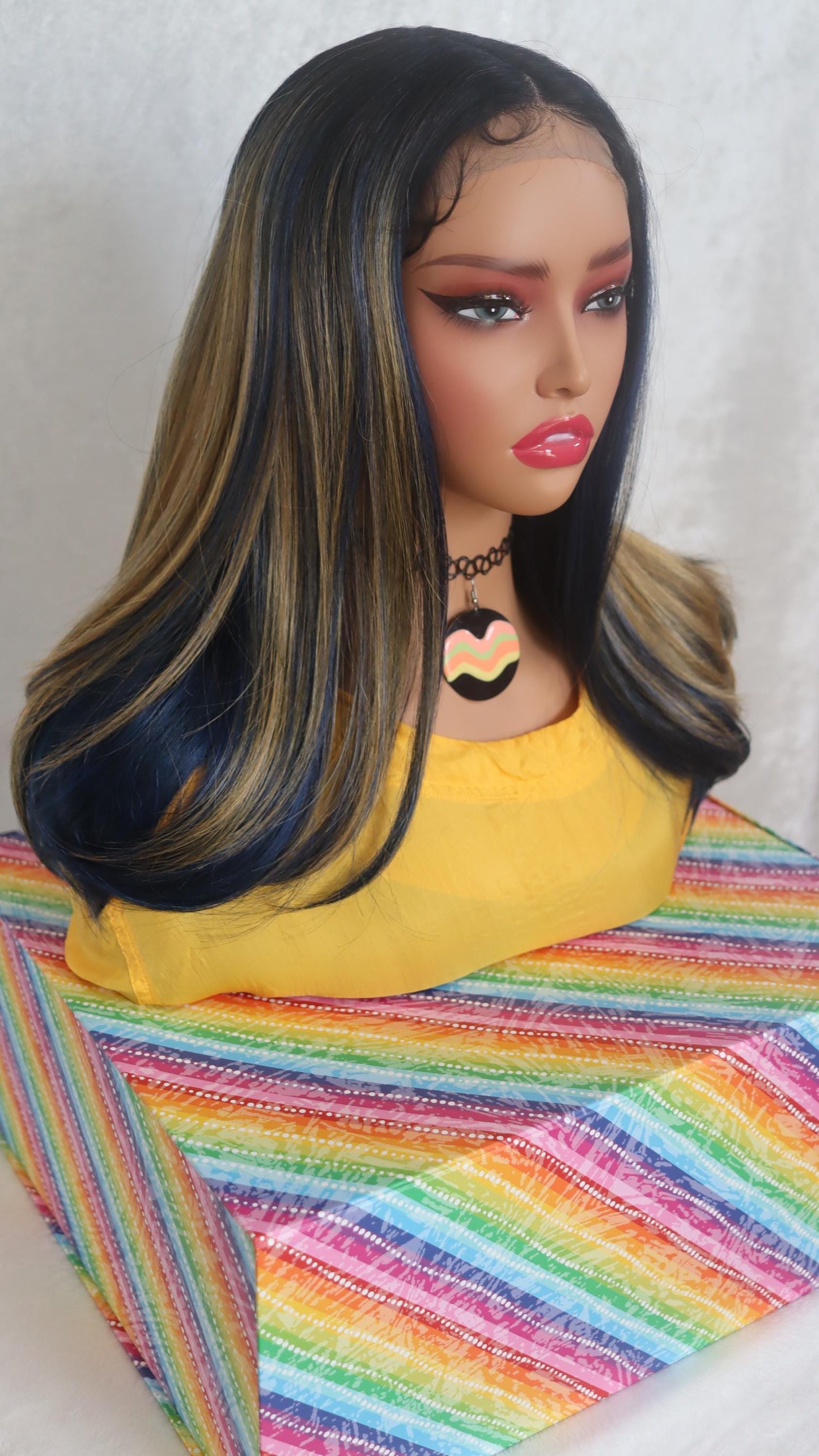 Navy Blue Lace Front Wig with Yellow Highlights - 18" Glueless Natural Skin Part for Bold & Fun Looks