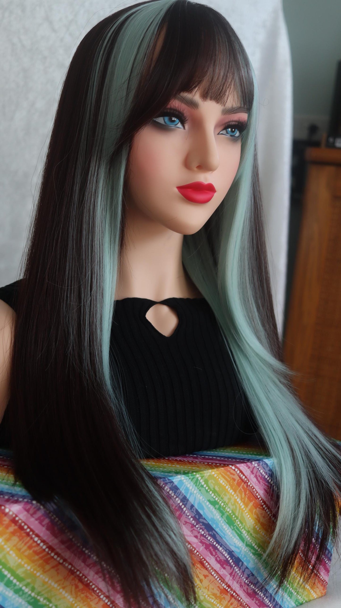 Chocolate Mint Bliss Wig – 26" Straight Brown & Mint Green Stunner with Unique Bangs