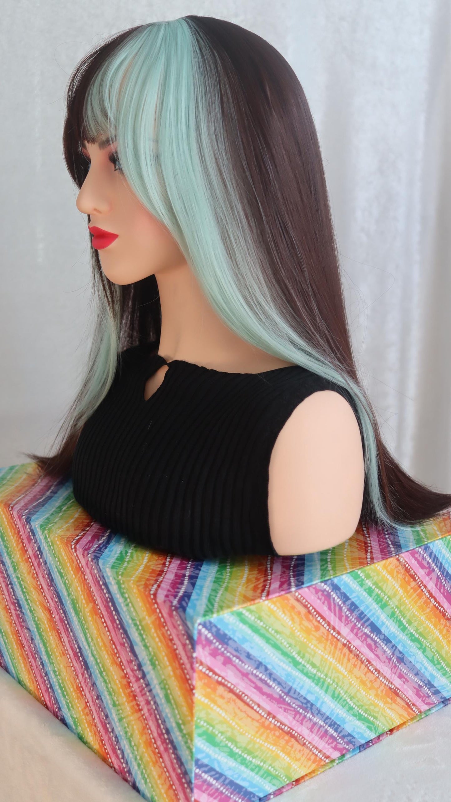 Chocolate Mint Bliss Wig – 26" Straight Brown & Mint Green Stunner with Unique Bangs