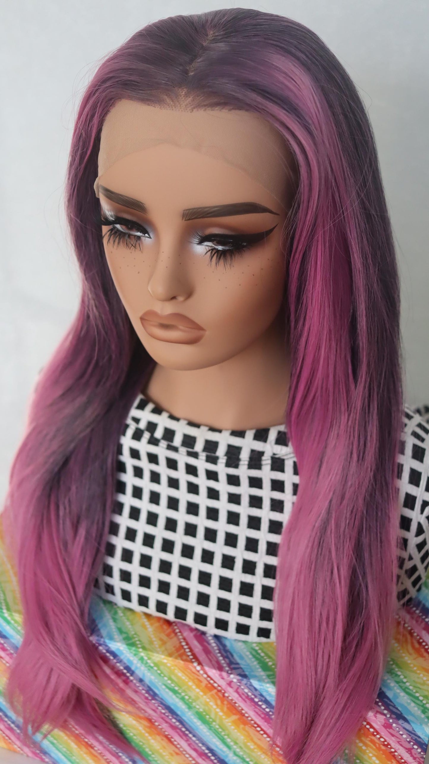 Vibrant Fuchsia Pink Straight Lace Front Wig – 22" Glueless  High Quality Synthetic Wig with Dark Undertones & Face-Framing Highlights