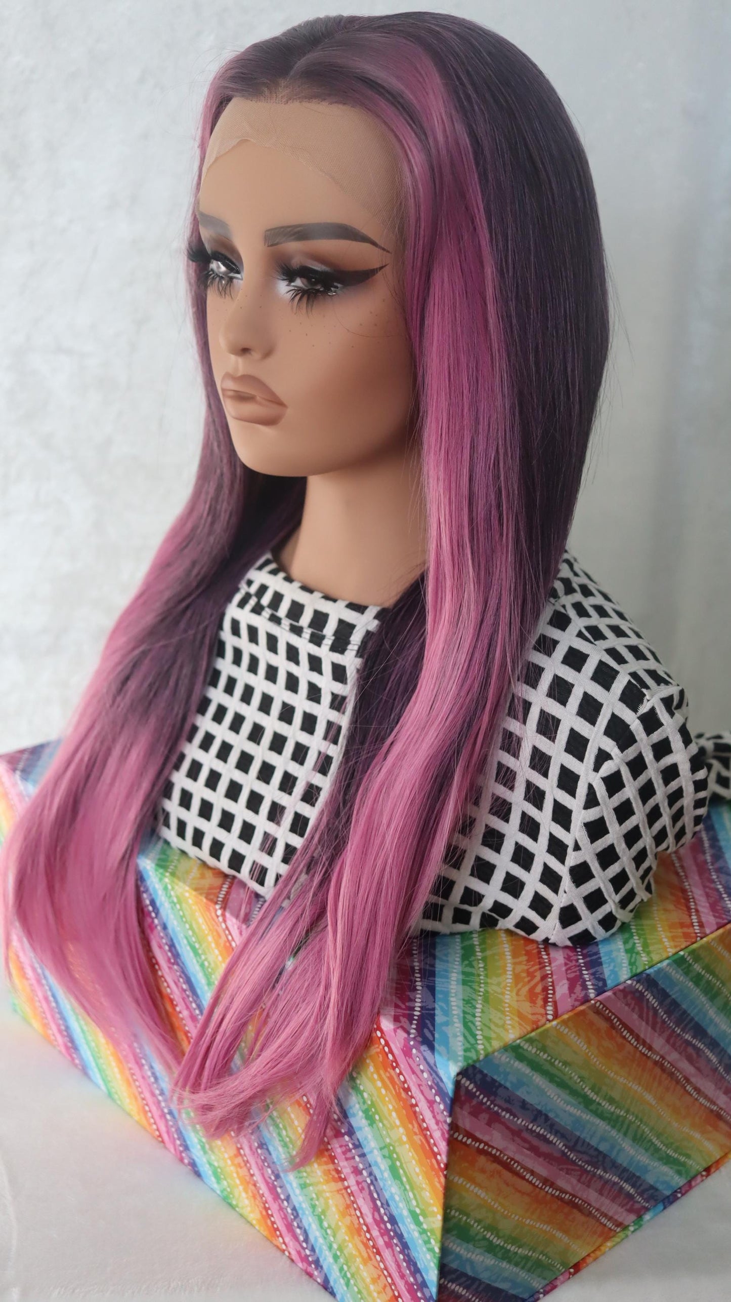 Vibrant Fuchsia Pink Straight Lace Front Wig – 22" Glueless  High Quality Synthetic Wig with Dark Undertones & Face-Framing Highlights