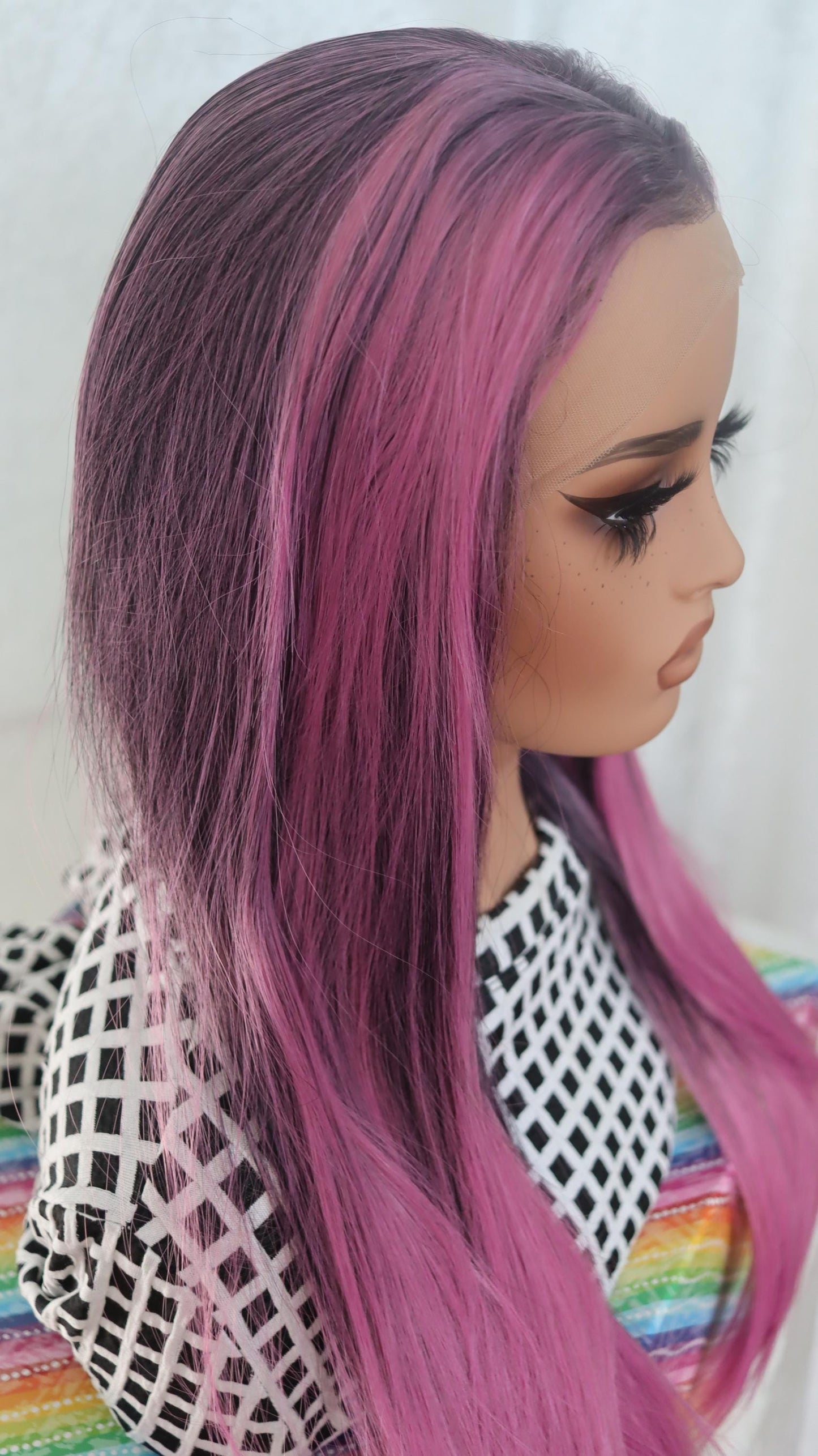 Vibrant Fuchsia Pink Straight Lace Front Wig – 22" Glueless  High Quality Synthetic Wig with Dark Undertones & Face-Framing Highlights