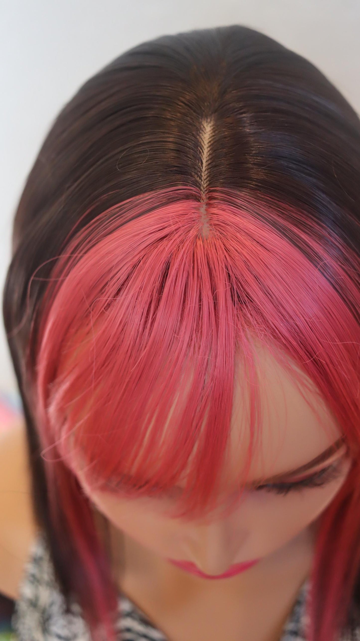 Pink Fringe Lightweight Bob Wig – 12-Inch Straight Brown Wig with Dark Pink Fringe & Face-Framing Highlights | Everyday Glueless Wig"