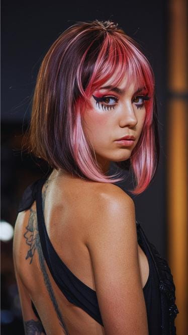 Pink Fringe Lightweight Bob Wig – 12-Inch Straight Brown Wig with Dark Pink Fringe & Face-Framing Highlights | Everyday Glueless Wig"